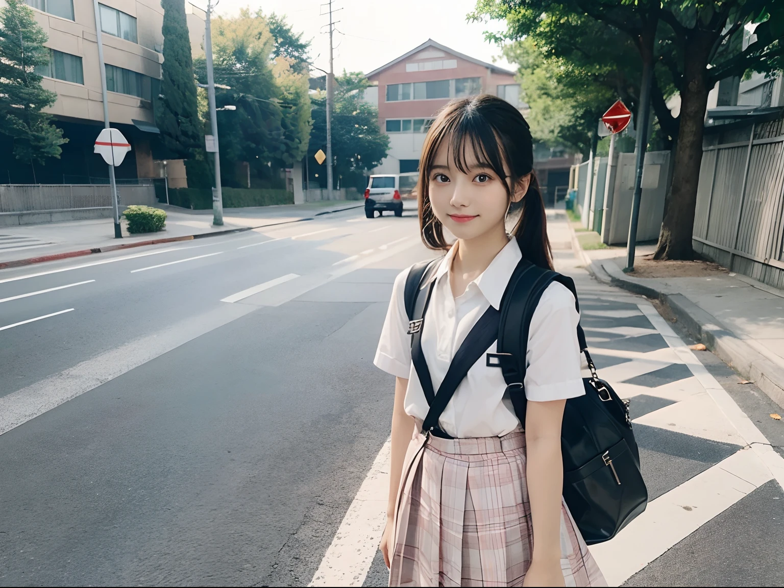 1girl in, Standing, mano_Hirokix Style, Duan, School uniform, School bag, Twin-tailed, Car, Carrying bag