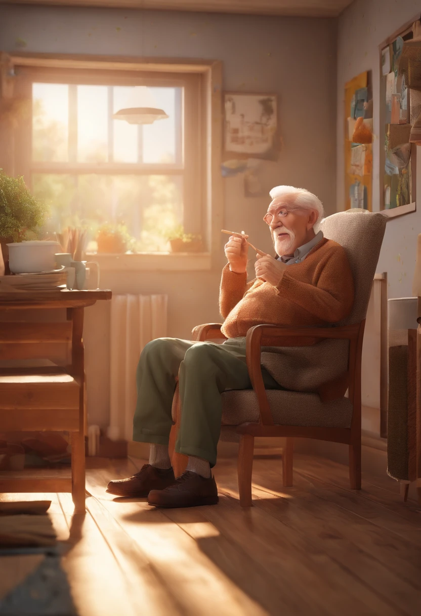 a 90 year old man, sitting on a chair in his grandson's room, looking at the ceiling, eyes closed, mouth open, facial expression of someone who is sneezing
