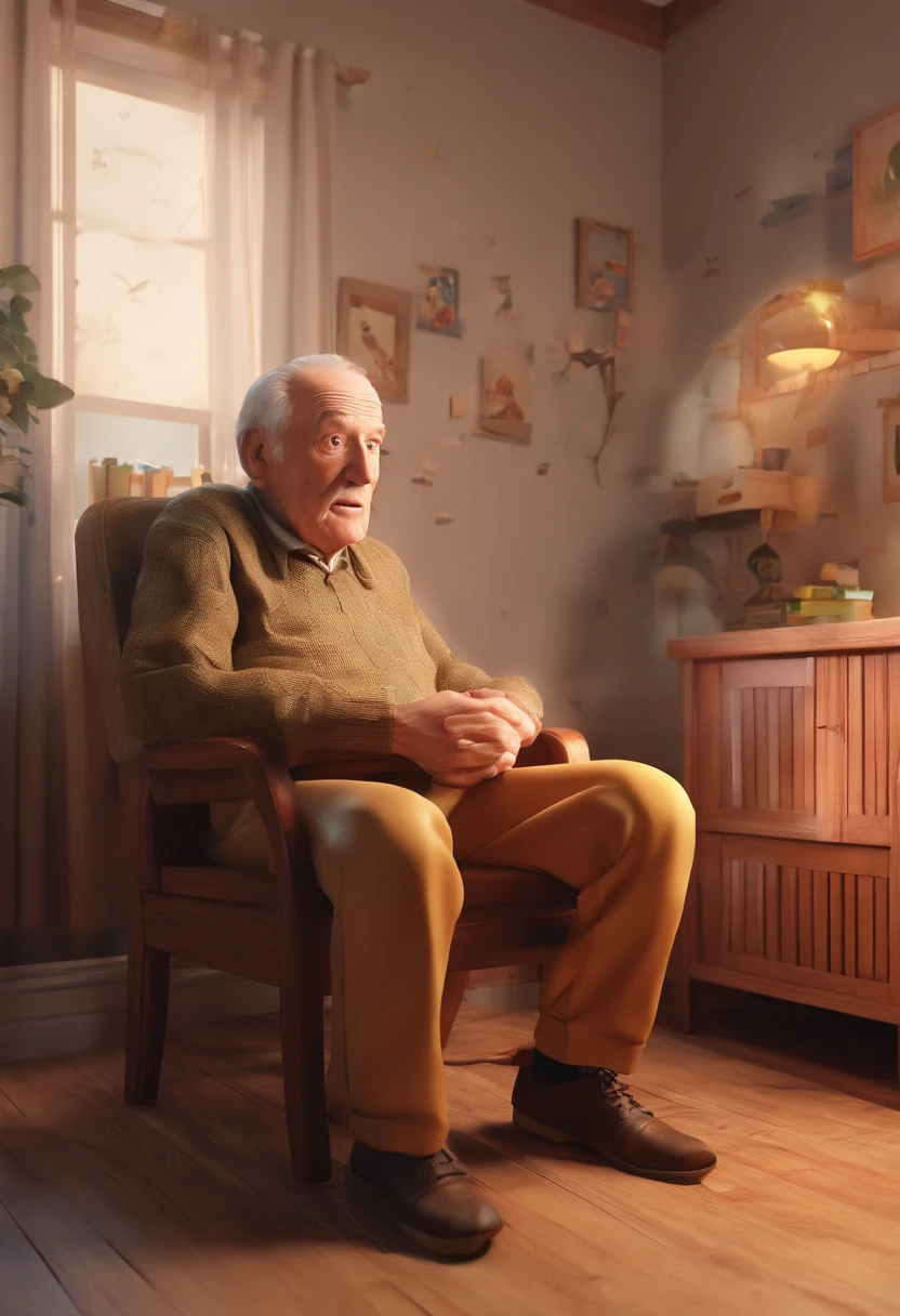 a 90 year old man, sitting on a chair in his grandson's room, looking at the ceiling, eyes closed, mouth open, facial expression of someone who is sneezing