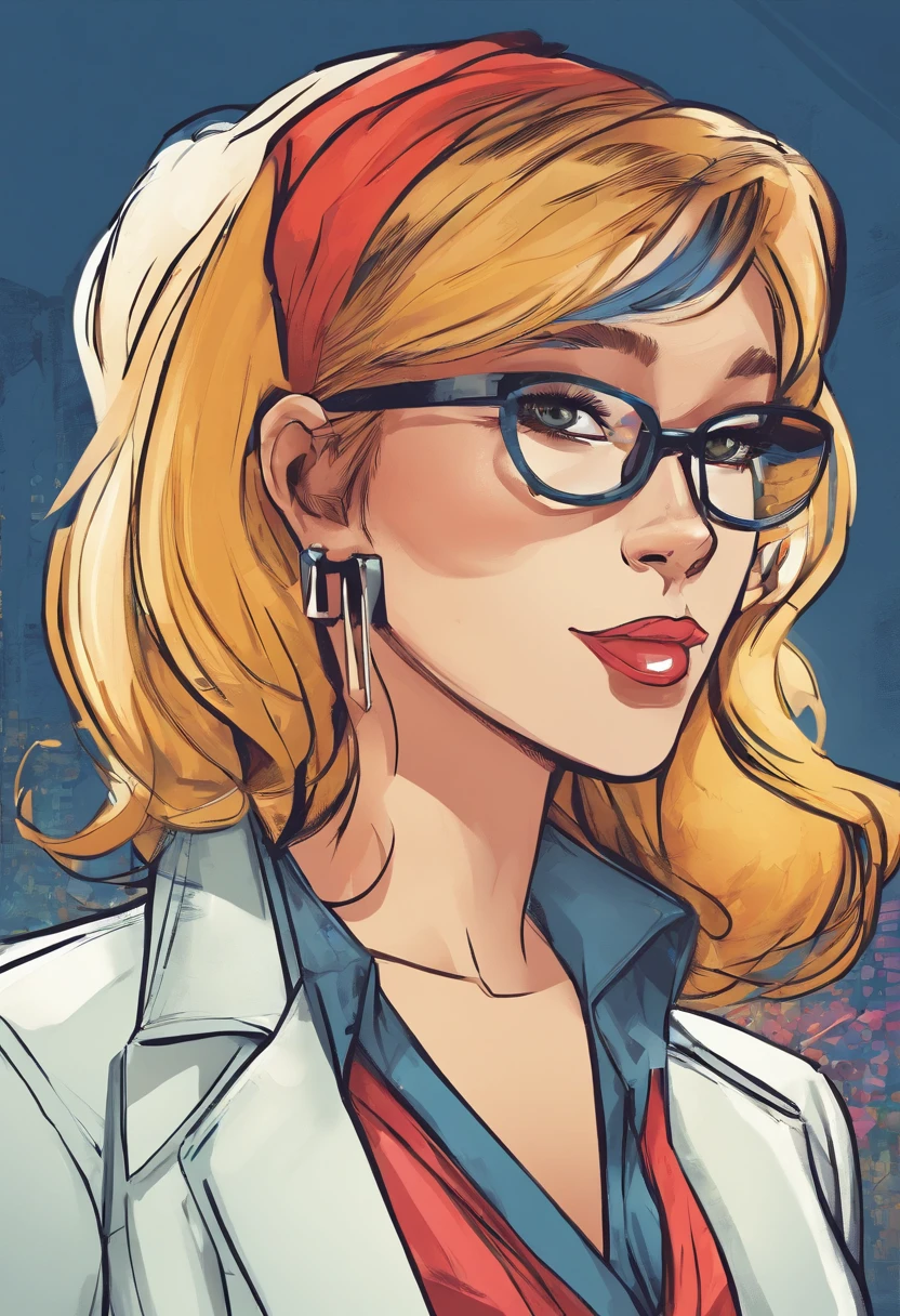 American comics, The comic story is presented in multiple irregular colored panels. A dynamic workplace environment,A young woman sits at her desk,Focused on work。She wears professional attire,Hair tied into a ponytail,With a smile,Appears confident and energetic。The office is stocked with a variety of office supplies,There is an inspirational poster on the wall,Create a positive working atmosphere. The style is exaggerated and meticulous