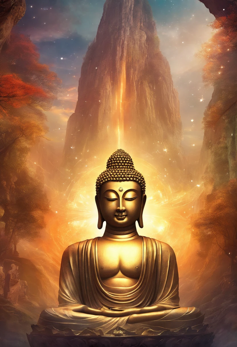 BUDDHA STATUE, stone, Texture, Tall, Majestic, The background is illuminated by sunlight，inverted image