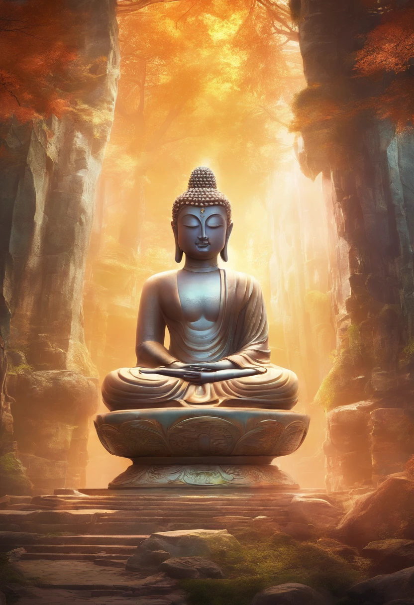 BUDDHA STATUE, stone, Texture, Tall, Majestic, The background is illuminated by sunlight，inverted image