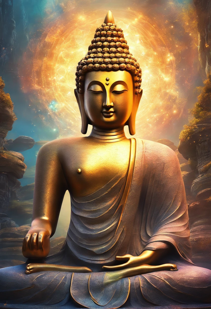 BUDDHA STATUE, stone, Texture, Tall, Majestic, The background is illuminated by sunlight,inverted image