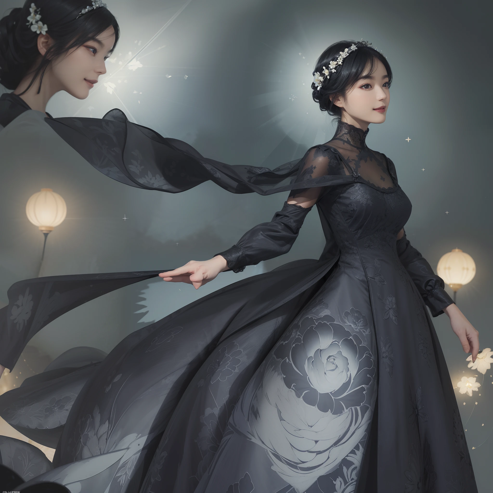 ((Best Quality))), (8K picture quality), ((Masterpiece)), (Very sophisticated、Beautiful fece), (wearing dresses) , (1womanl), (black-short-hair), ((Bright dresses)), with floral pattern, Blue Silk Dress, 电影灯光, Gentle facial expressions, (A slight smil:1.3), ((lightand shade contrast:1.5)), abstract background, ((breast)),, ((lowkey))