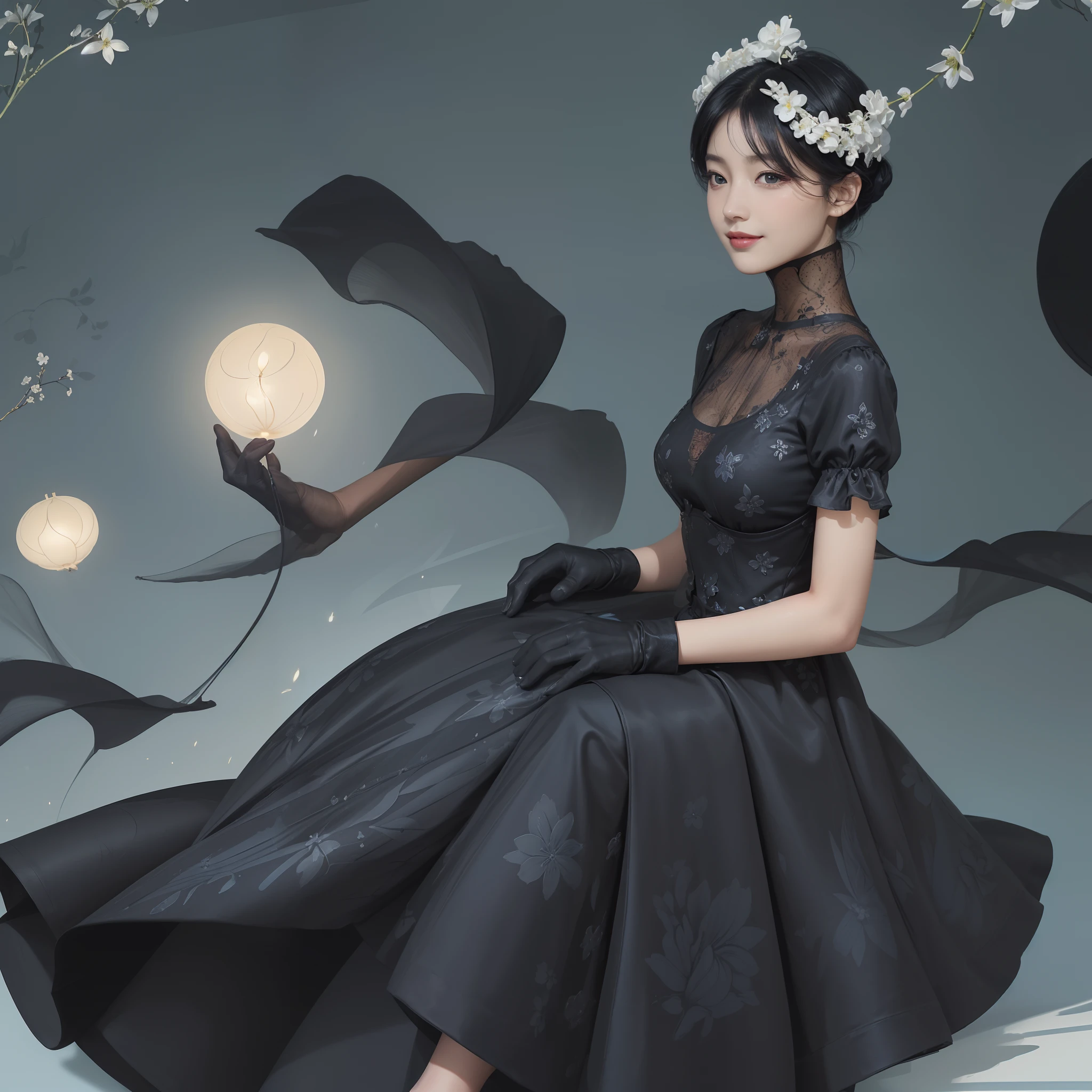 ((Best Quality))), (8K picture quality), ((Masterpiece)), (Very sophisticated、Beautiful fece), (wearing dresses) , (1womanl), (black-short-hair), ((Bright dresses)), with floral pattern, Blue Silk Dress, 电影灯光, Gentle facial expressions, (A slight smil:1.3), ((lightand shade contrast:1.5)), abstract background, ((breast)),, ((lowkey))