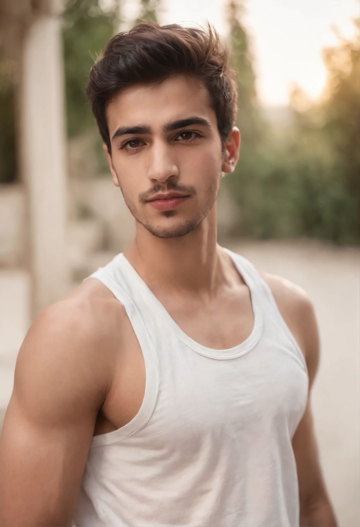 Teen Arab guy, thin, hairy armpits, white tank top, boxers, huge bulge, full body