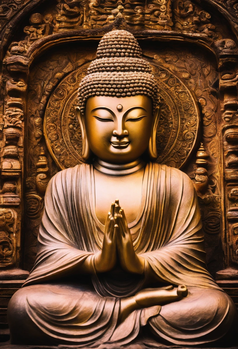 BUDDHA STATUE, stone, Texture, Tall, Majestic, The background is illuminated by sunlight