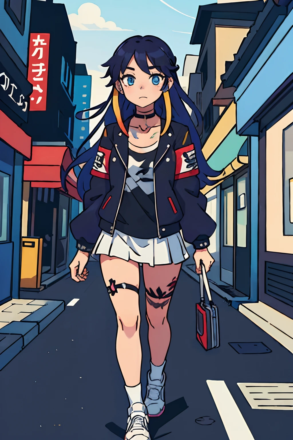(best-quality:0.8), (best-quality:0.8), perfect anime illustration, pretty woman walking through the city, long colorful hair, emo, choker, jacket, tattoos