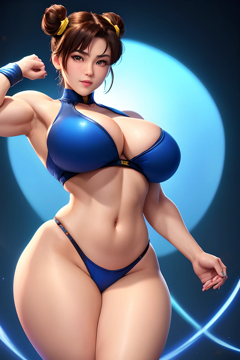 Chun Li Street Fighter art by Artgerm, anime half-body portrait of a model ((HH-size breasts, very Thick thighs, athletic build, feminine form, lythe body, black hair, twin buns, 20 years old, cleavage)) wearing a crop top and ripped lowrider jeans, cheerful smile, 4k, beautiful woman with soft blue eyes, key light reflected in the eyes, posing for the camera, painted background, studio portrait, soft light, bezel lighting, shimmer in the eyes, bokeh background, picturesque, 8K, HDR, RGB, Ultra-HD