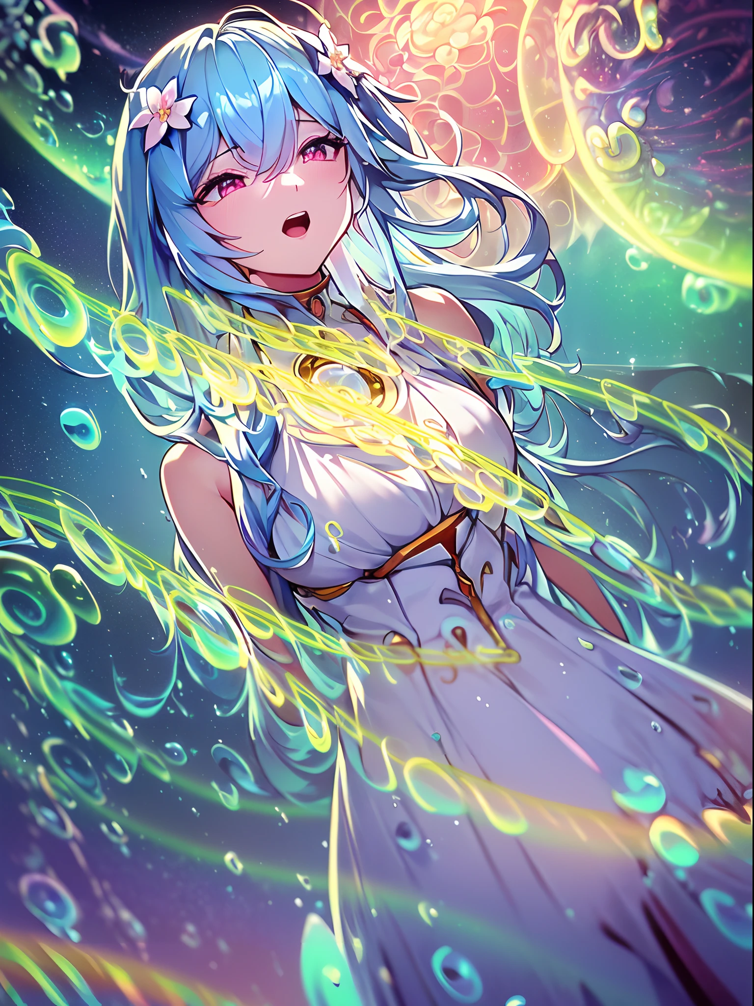 (((ayanami rei))),((((BREAK,Design an image with a fisheye lens effect, capturing a wide field of view with a distinctive, curved perspective.BREAK,)))((1girl:1.1,solo,))(masterpiece,best quality, official art,beside to viewers, beautiful and aesthetic:1.3),((ultra high res,golden ratio,)) (4k),((from side,seen from above,dawn,rainbow,raindrops, dreamland,beautiful sky,detailed aurora)),((((spiral bubbles,))))dynamic lighting, cinematic lighting,((((flower field,))))(fantasy,arms behind back,)((psychedelic)),((dreamy)),((holographic,))radiosity, physically-based rendering,automatic white balance), technological sense,Amazing,sharp focus,detailed background,rich background, (((high detailed skin,)))dynamic lighting,intricate detailed outfit,glowing eyes,watery eyes,((absurdly long hair,))skiny,slender,smooth beast,sundress,laced halter,((musical notes)),(masterpiece sidelighting),(bishoujo,lustrous),(sky blue hair,pink eyes,）[[delicate fingers and hands:0.55]::0.85],(detail fingers),(((Ultra Photographic Quality,ultra wide angles)))),((incredibly absurdres,photoreality)),(realilty:0.7),((open mouth,closing eyes,a girl is chanting,singing,))((micro distance,bust,))diamond rings,((extremely_detailed_eyes_and_face)),(disheveled hair),FilmGirl,(dynamic configuration: 1.2),Brilliant,drifting Nebula,ethereal, glossy ,striking contrast,high saturation