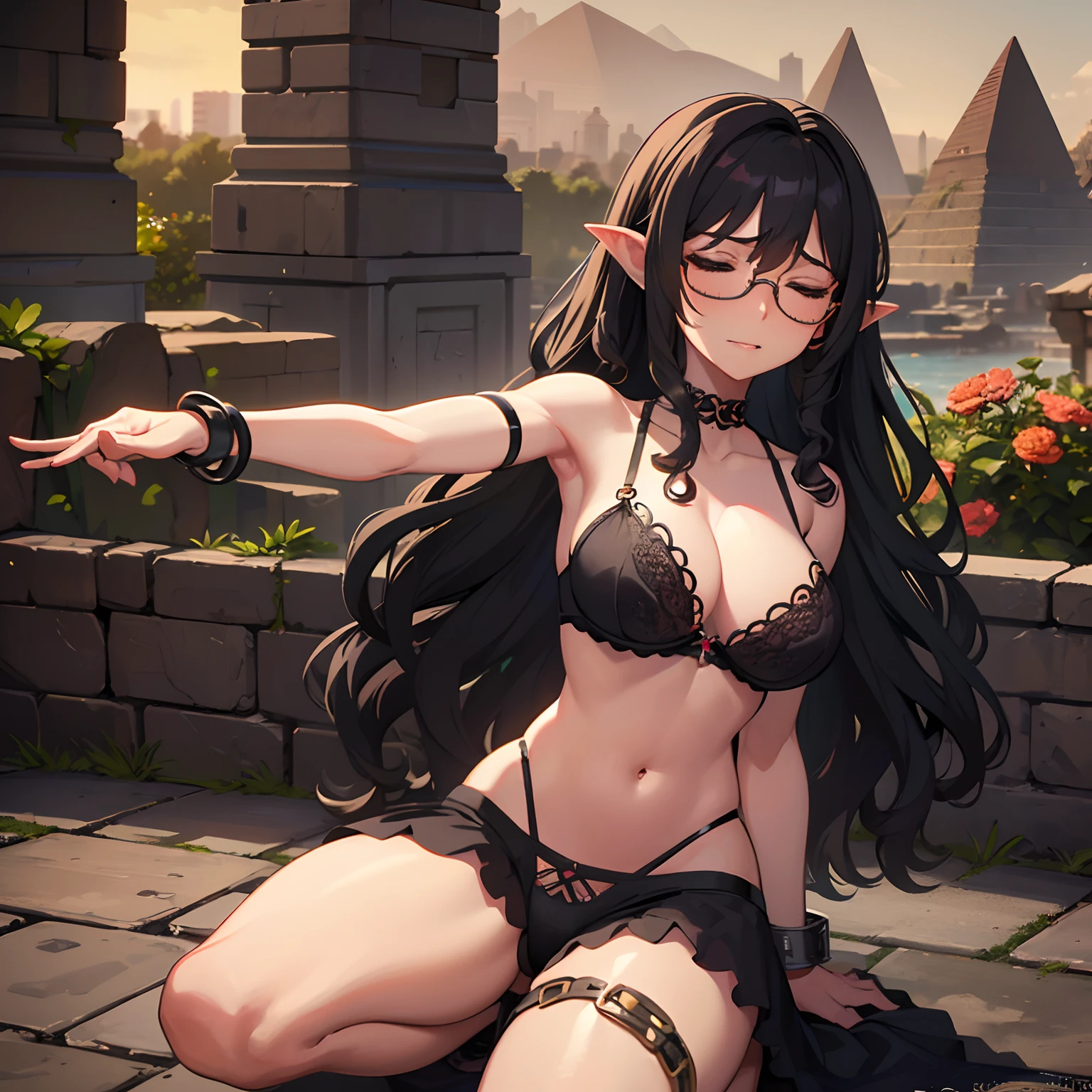 Mature woman, long curly hair, glasses, underwear, black hair, black bra, chained by goblins, chained wrists, ancient pyramid, goblins, moaning, tortured, armpits, large breasts, closed eyes, long shot, tempting, full body