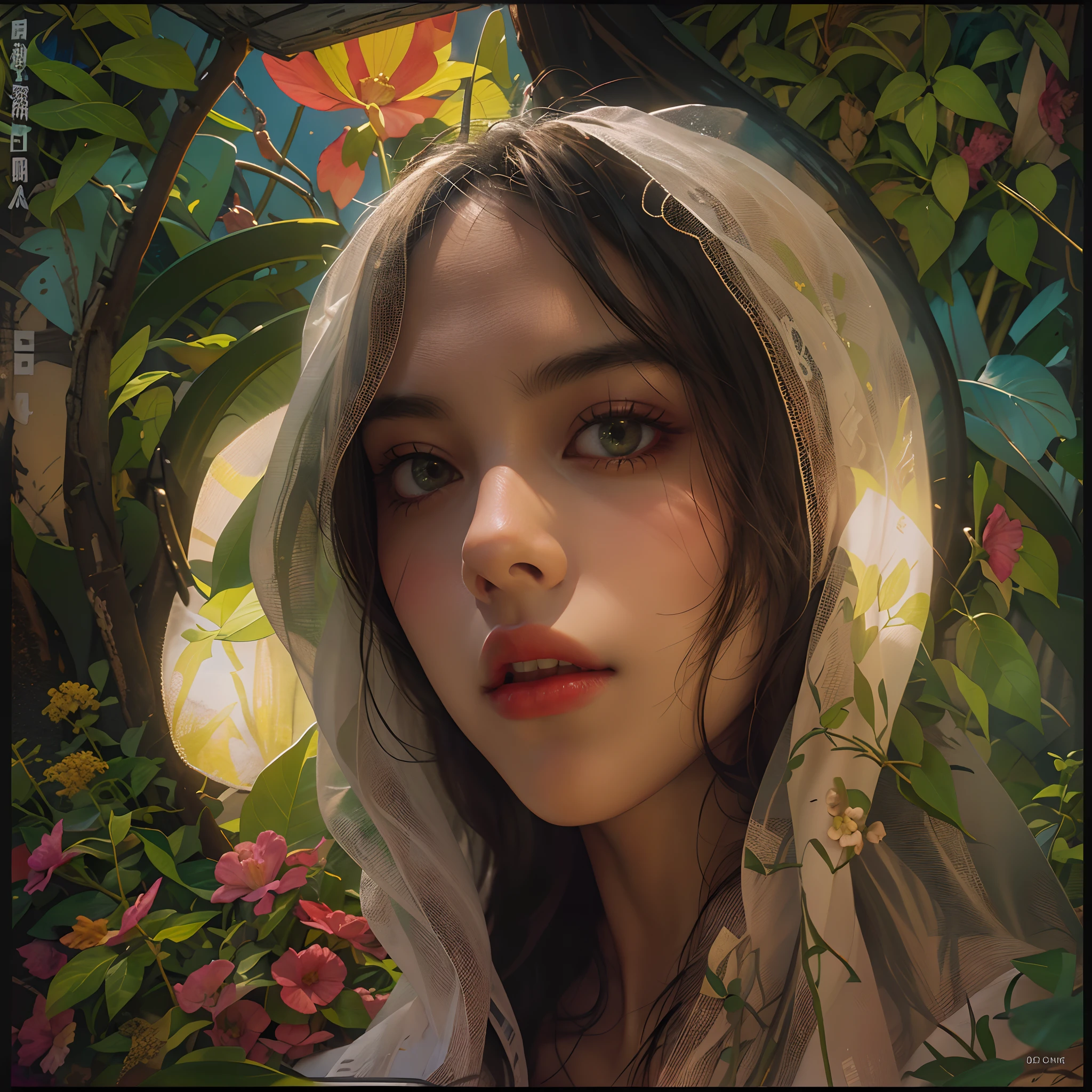(Front focus),(in the darkness nigth:1.6),Surrealist portraits of women by David Hockney and Alphonse Mucha,Fantasyart,photographrealistic,动态照明,art stations,poster for,Volumetriclighting,Very detailed faces,4 k'',Award-Awarded, , 1girll, In the dark, deepshadow, low tune, Cowboy shot,(official clothes:1.4),long whitr hair,brunette color hair,veils