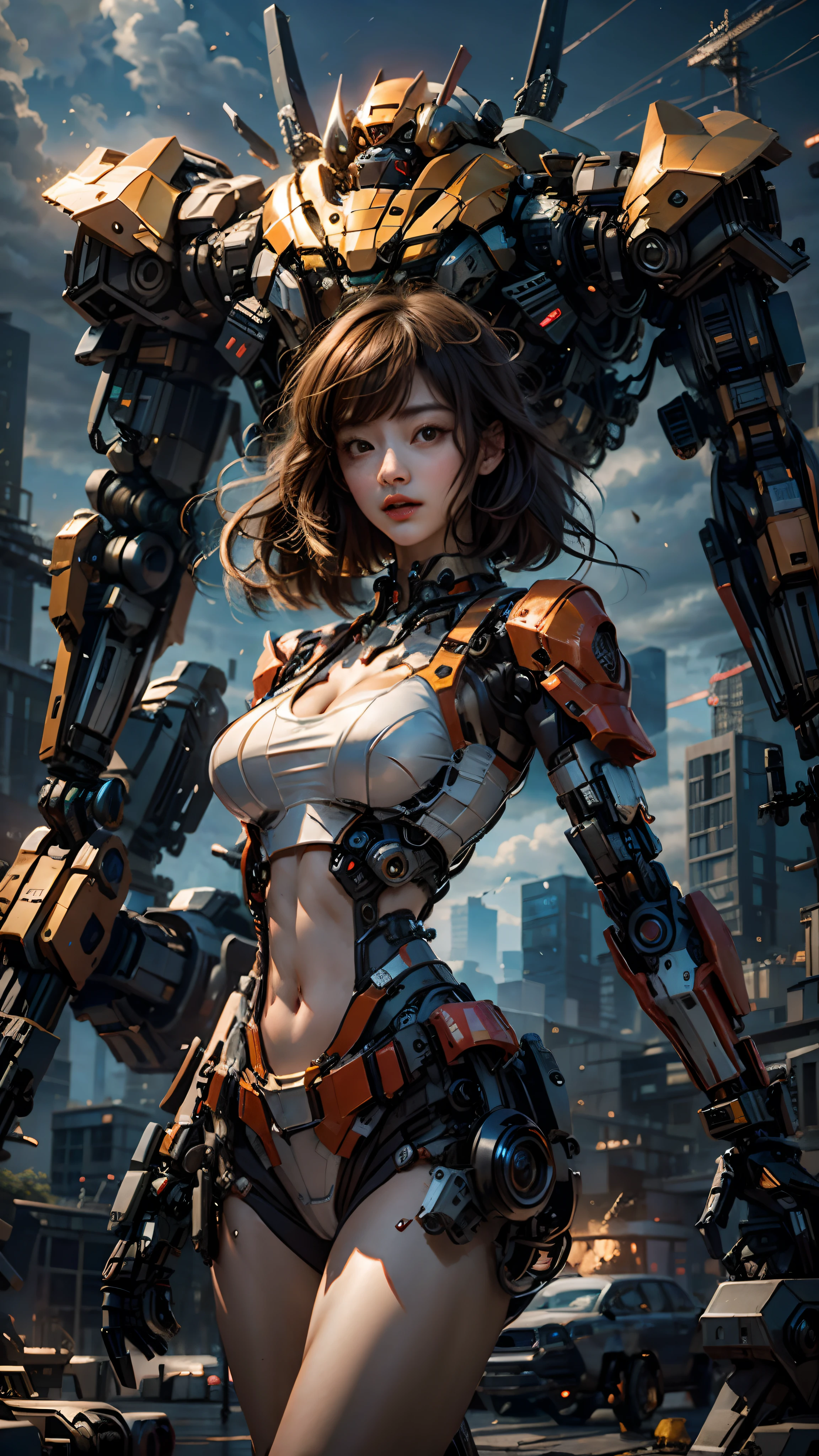 ((masterpiece, best quality)),illustration,ultra detailed 8k,photorealistic,sharp focus,highly detailed,professional lighting,colorful details,iridescent colors BREAK extreme long shot of a factory,large mechanical robot construction,microchip,computer,glowing,intricate details,shitu-mecha,1girl is standing in front of the audience,Navel