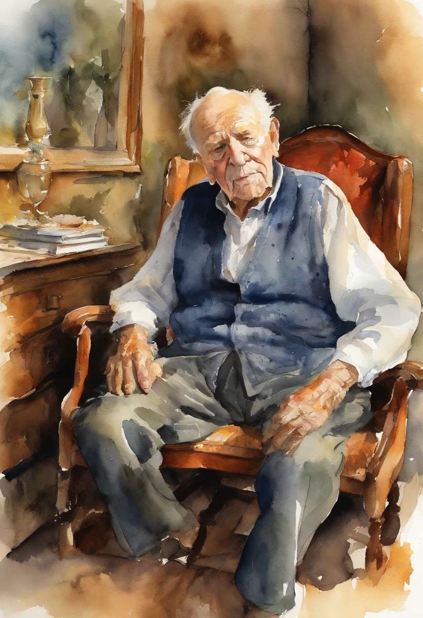 a 90 year old man, sitting on a chair in his grandson's room, looking at the ceiling, eyes closed, mouth open, facial expression of someone who is sneezing