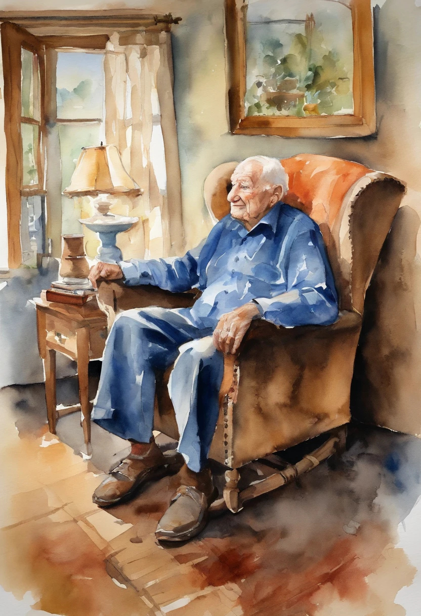 a 90 year old man, sitting on a chair in his grandson's room, looking at the ceiling, eyes closed, mouth open, facial expression of someone who is sneezing