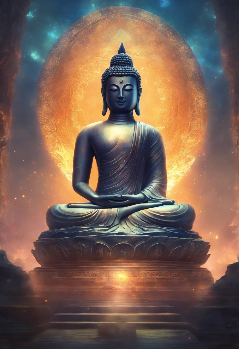 BUDDHA STATUE, stone, Texture, Tall, Majestic, The background is illuminated by sunlight,inverted image