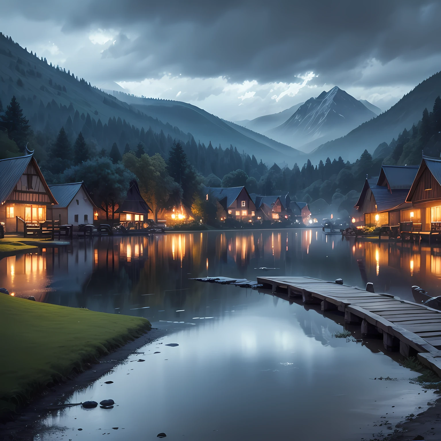 beautiful village, rainy evening, blue lake, cloudy, ultrasharp, 8K, masterpiece