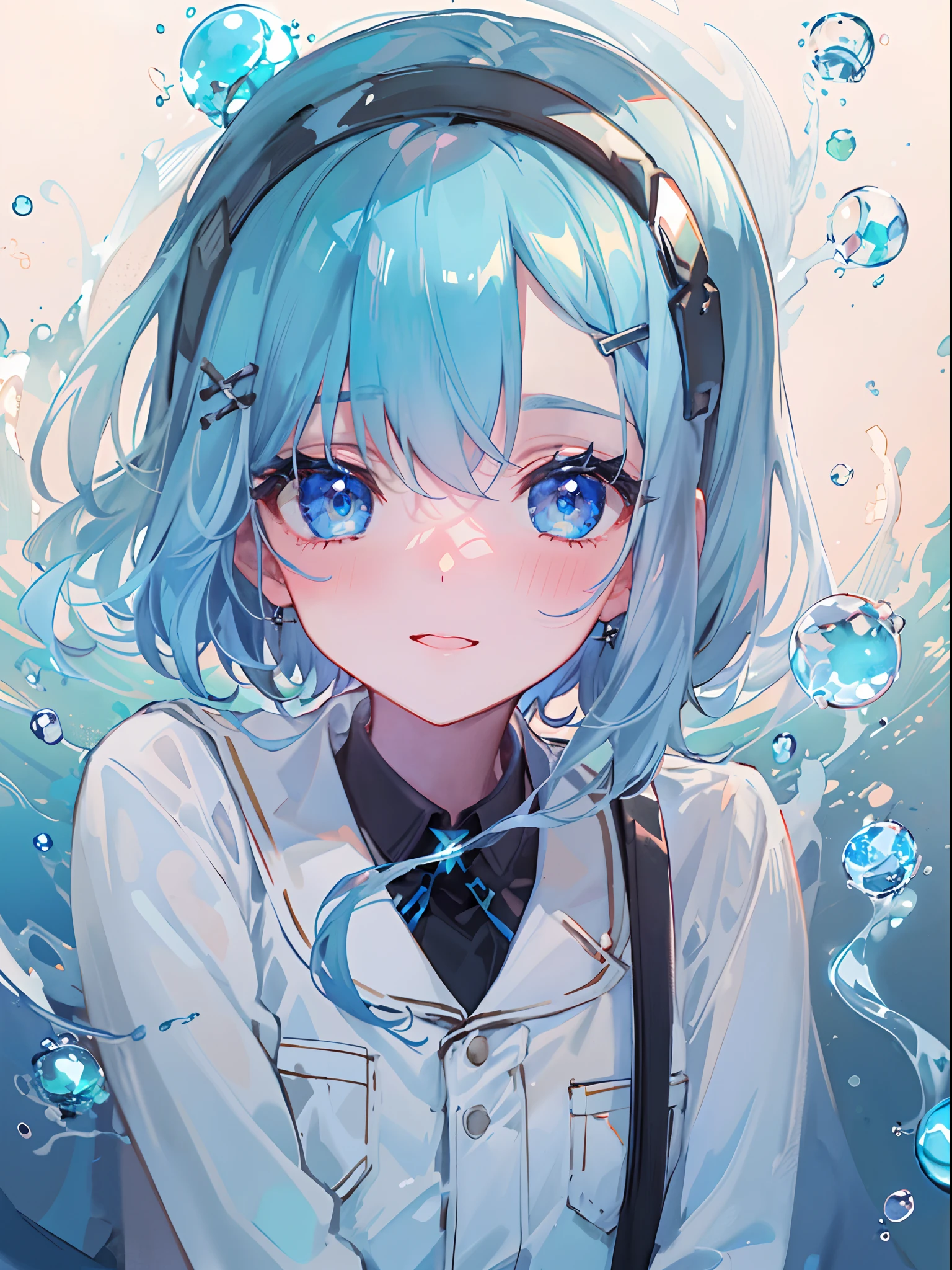 ((top-quality)), ((​masterpiece)), ((ultra-detailliert)), (extremely delicate and beautiful), girl with, 独奏, cold attitude,((Black jacket)),She is very(relax)with  the(Settled down)Looks,A dark-haired, depth of fields,evil smile,Bubble, under the water, Air bubble,bright light blue eyes,Inner color with light blue hair and dark blue tips,Cold background,Bob Hair - Linear Art, shortpants、knee high socks、White uniform like school uniform、Light blue ribbon ties、Clothes are sheer、Hands in pockets、Glass shards background、Blue fluorescent hair tips