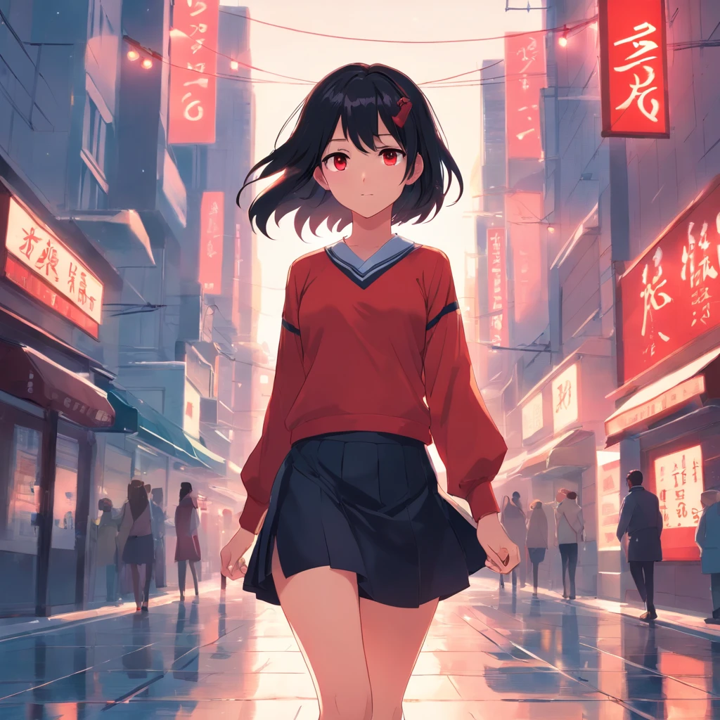 Anime girl walking down a street in a red sweater and black skirt ...