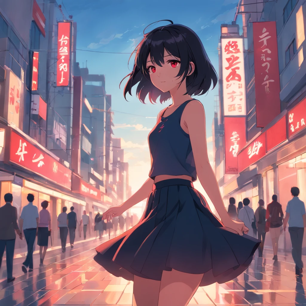 black color hair，Red color eyes，The picture quality is stunning，s girl，Royal sister，a black skirt，8k,tmasterpiece