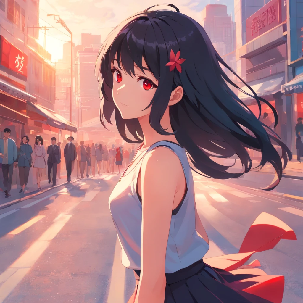 black color hair，Red color eyes，The picture quality is stunning，teens girl，Royal sister，a black skirt，8k,tmasterpiece