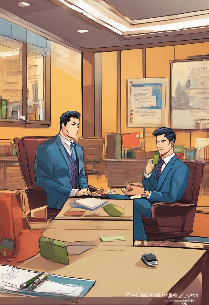 An interview scenario,The interviewer sits behind the desk,Facing a candidate who is being interviewed。Job seekers wear formal suits,Resume in hand,Looks very focused。The background is a simple office environment,There are some certificates and awards hanging on the walls。