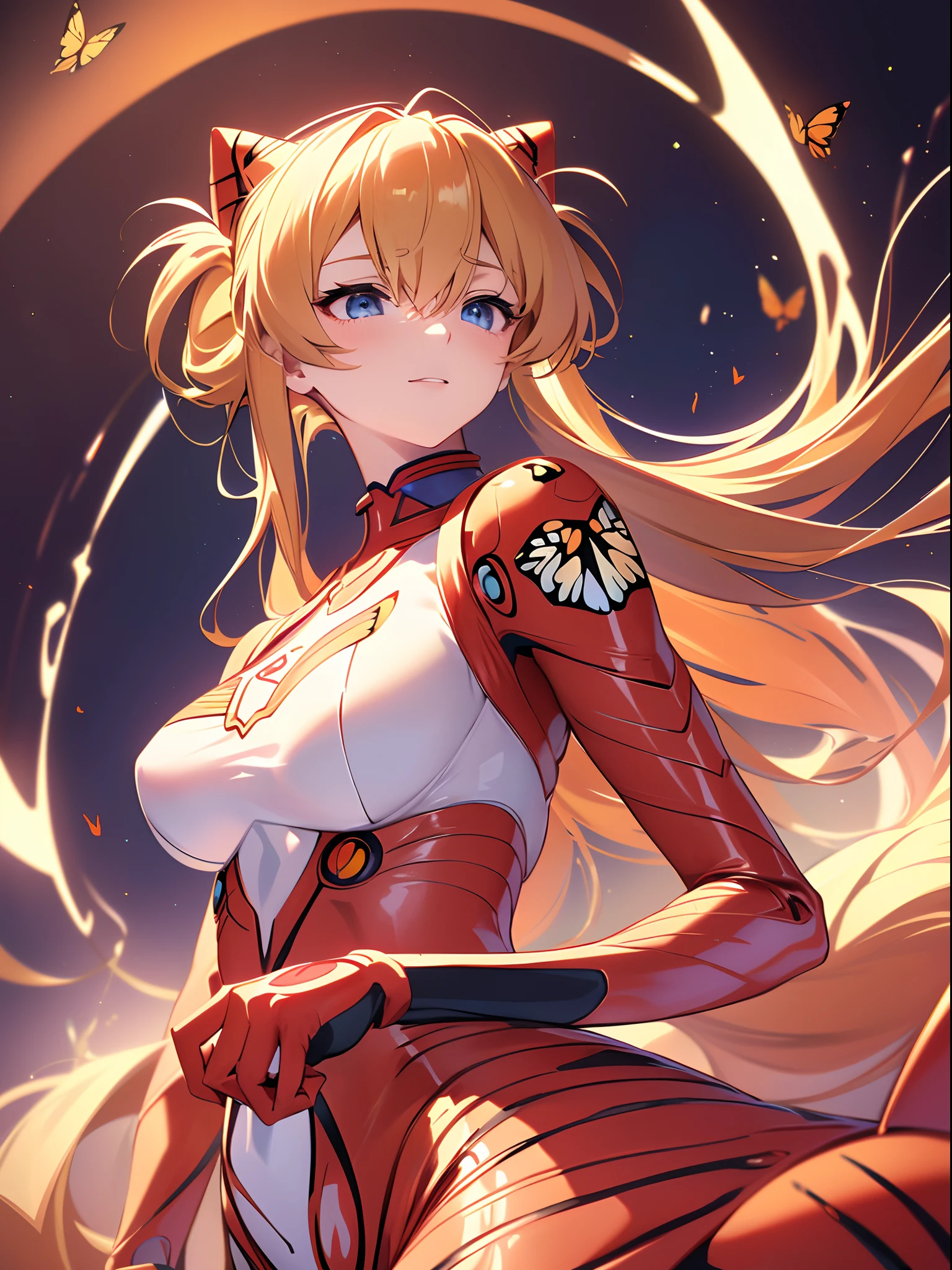 ((souryuu asuka langley,headgear,white skater dress,Blonde,side twintails)),(Glowing eyes:1.233), diffuse reflection, high-profile, majestic,(evil smile,blushing,adorable face,bishoujo,kawaii,)(Beautiful and detailed eyes:1.3),1girl,Solo,(Masterpiece,Best quality, offcial art,Target the audience, Beautiful and aesthetic:1.2),(超高分辨率,Golden ratio), (4K), ((overview)),(looking from above),crystals necklace,a girl holding oil paper umbrella,kneeling,Floating, (((butterfly field))),(photo maping, Physically-based rendering,automatic white balance),Amazing,Sharp focus,(((holographic))), (((high detailed skin,)))Dynamic lighting,Intricately detailed clothing,Watery eyes,(masterpiece sidelighting),(busty,a beauty girl,The sheen),[[Delicate fingers and hands:0.55]::0.85],(Detail fingers),((((BREAK,Design an image with a fisheye lens effect, capturing a wide field of view with a distinctive, curved perspective.BREAK,)))Superior photographic quality,((extremely_Detailed_Eyes_and_face)),(Disheveled hair),Movie girl,