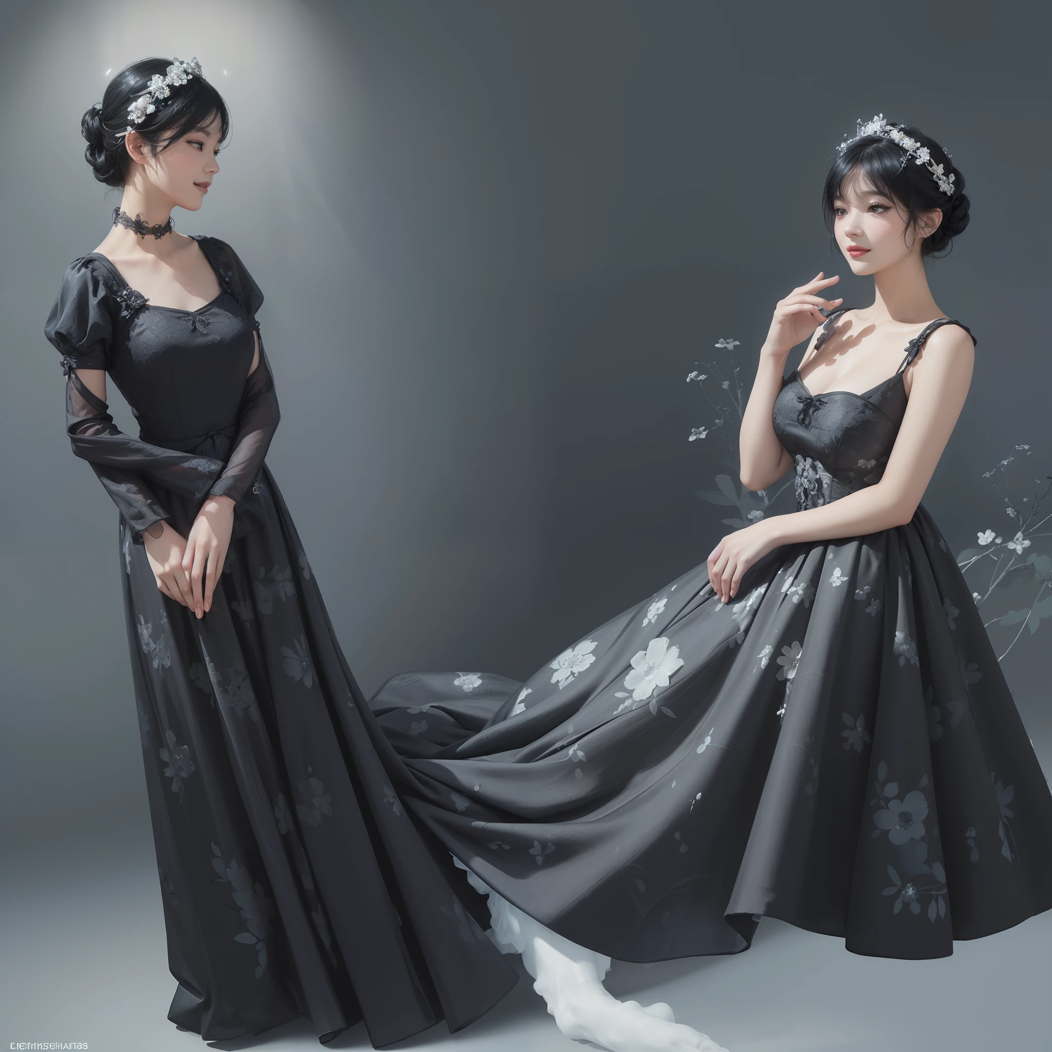 ((Best Quality))), (8K picture quality), ((Masterpiece)), (Very sophisticated、Beautiful fece), (wearing dresses) , (1womanl), (black-short-hair), ((Bright dresses)), with floral pattern, Blue Silk Dress, 电影灯光, Gentle facial expressions, (A slight smil:1.3), ((lightand shade contrast:1.5)), abstract background, ((breast)),, ((lowkey))