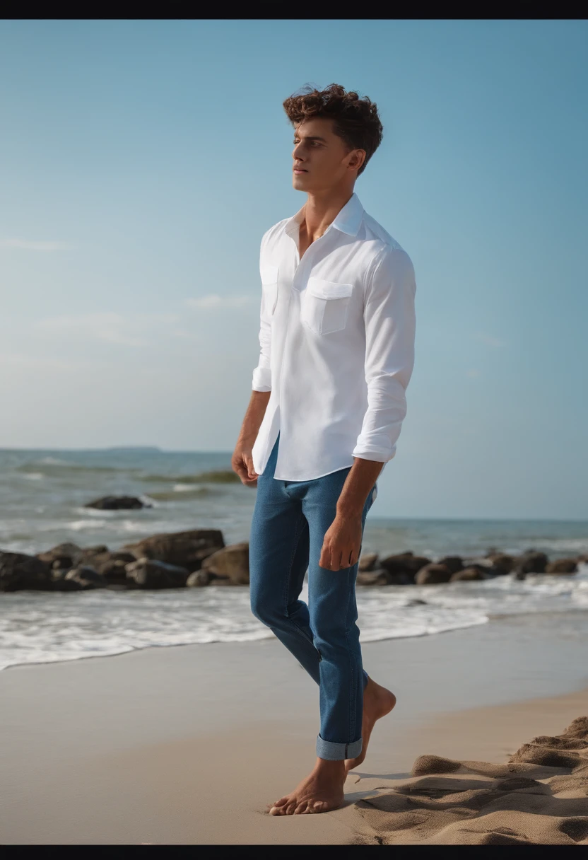 white shirt,denim pant,beachside,boy,Put your hands in your pockets。