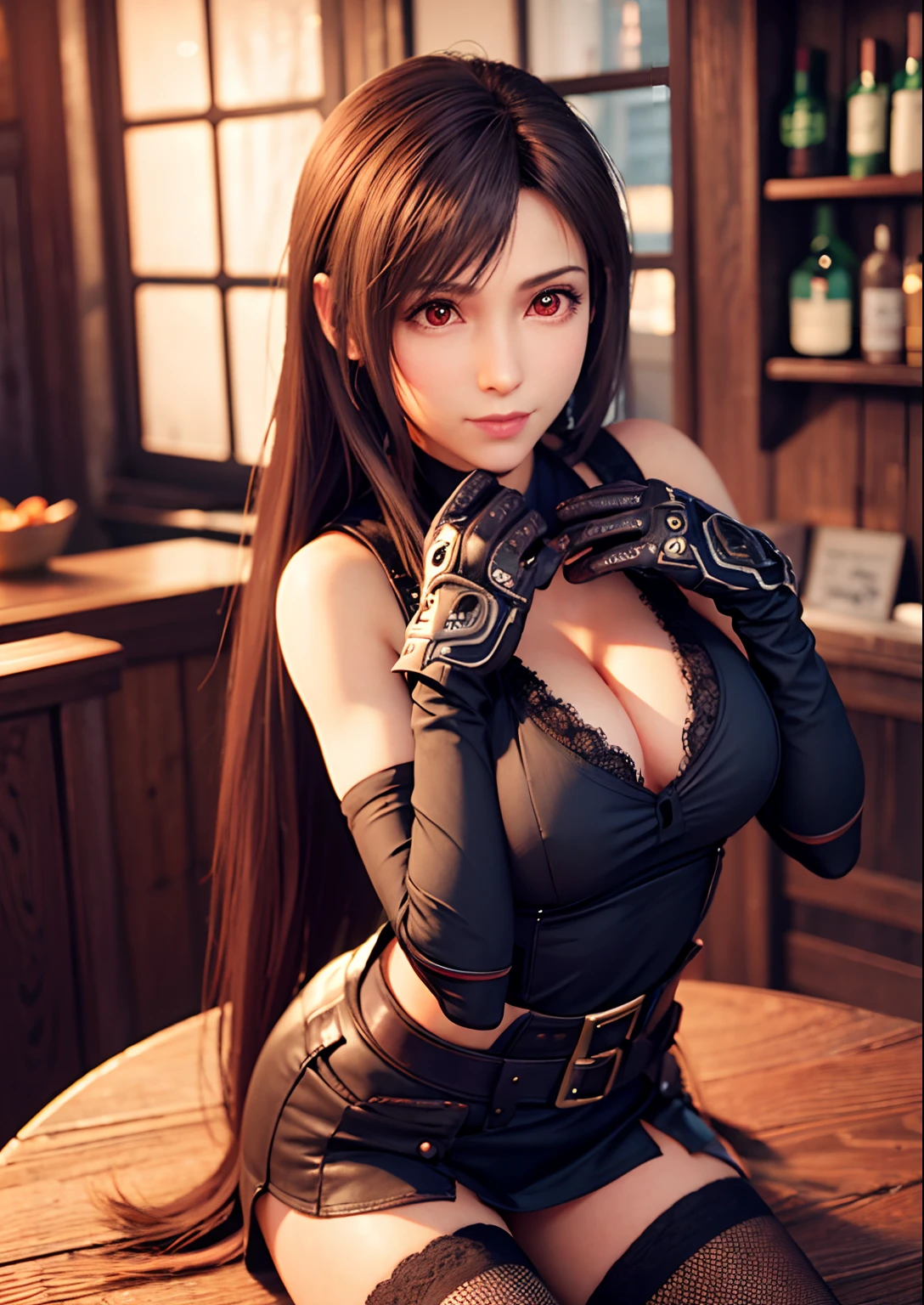 (,Be red in the face,20yr old,Long narrow eyes)(realisticlying: 1.4), 独奏, top-quality, very fine and beautiful, k hd, 1girll, tifa_lockhart, ssmile, cowboy lens, Harnes, Low Waist, (the maid outfit,Long black stockings), brunette color hair, Be red in the face,perspire,long whitr hair, gloves on the elbow, Beautiful detailed red eyes, Face light, cinmatic lighting, nabel, (: 1.0), Old bar, The background is blurred out, Fluttering hair, Adult beauty