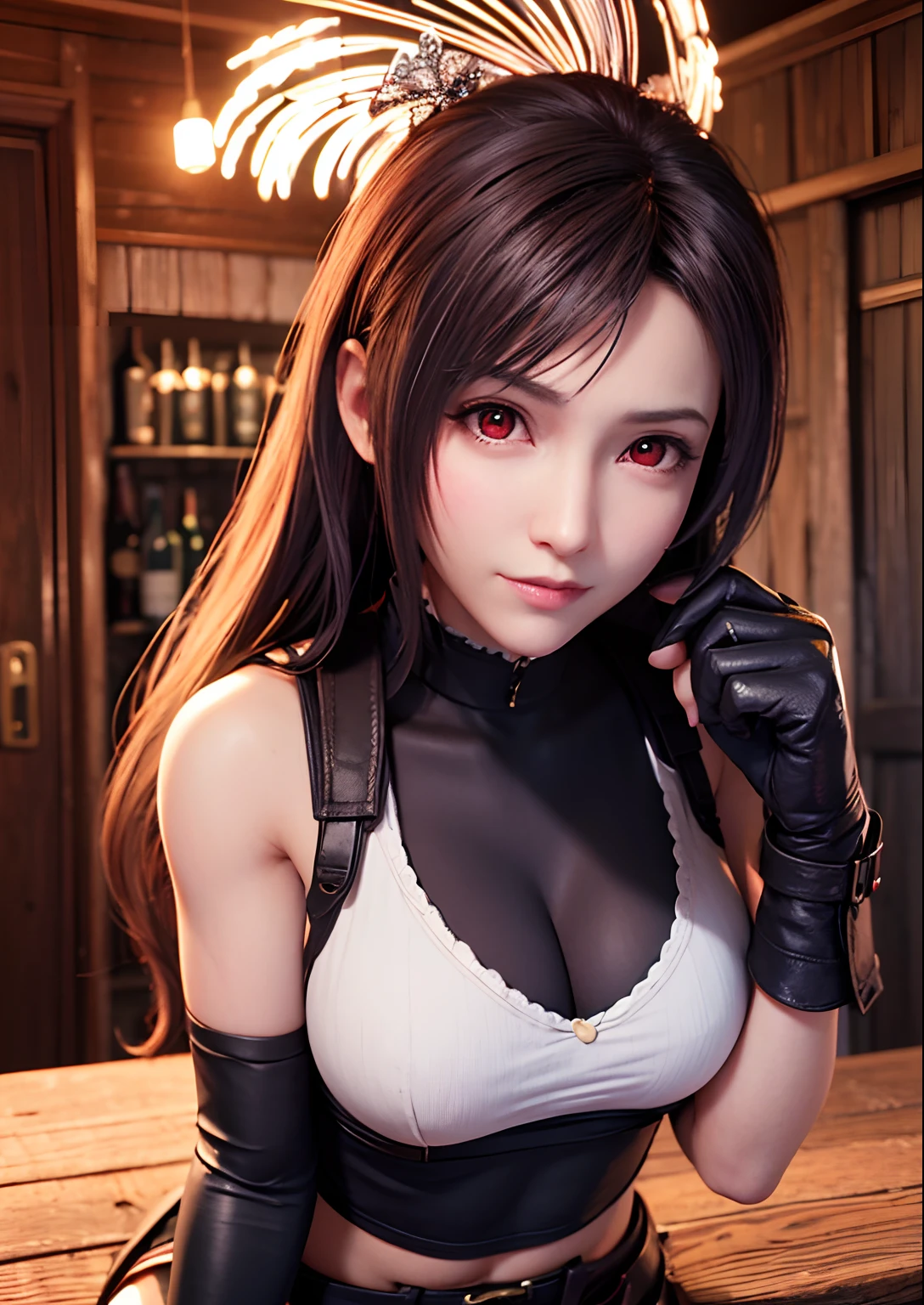 (,Be red in the face,20yr old,Long narrow eyes)(realisticlying: 1.4), 独奏, top-quality, very fine and beautiful, k hd, 1girll, tifa_lockhart, ssmile, cowboy lens, Harnes, Low Waist, (the maid outfit,Long black stockings), brunette color hair, Be red in the face,perspire,long whitr hair, gloves on the elbow, Beautiful detailed red eyes, Face light, cinmatic lighting, nabel, (: 1.0), Old bar, The background is blurred out, Fluttering hair, Adult beauty