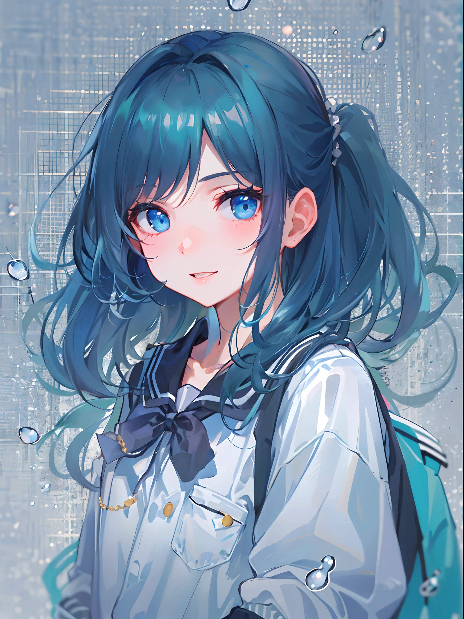 ((top-quality)), ((masterpiece)), ((ultra-detailliert)), (extremely delicate and beautiful), girl with, 独奏, cold attitude,((Black jacket)),She is very(relax)with the(Settled down)Looks,A dark-haired, depth of fields,evil smile,Bubble, under the water, Air bubble,bright light blue eyes,Inner color with light blue hair and dark blue tips,Cold background,Bob Hair - Linear Art, shortpants、knee high socks、White uniform like school uniform、Light blue ribbon ties、Clothes are sheer、Hands in pockets、bun hair