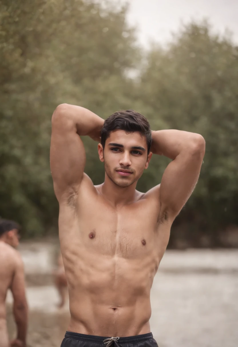 Arab guy, thin, hairy armpits, shirtless, wet, oily, sweaty, shiny chest, boxers, huge bulge, full body, arm up