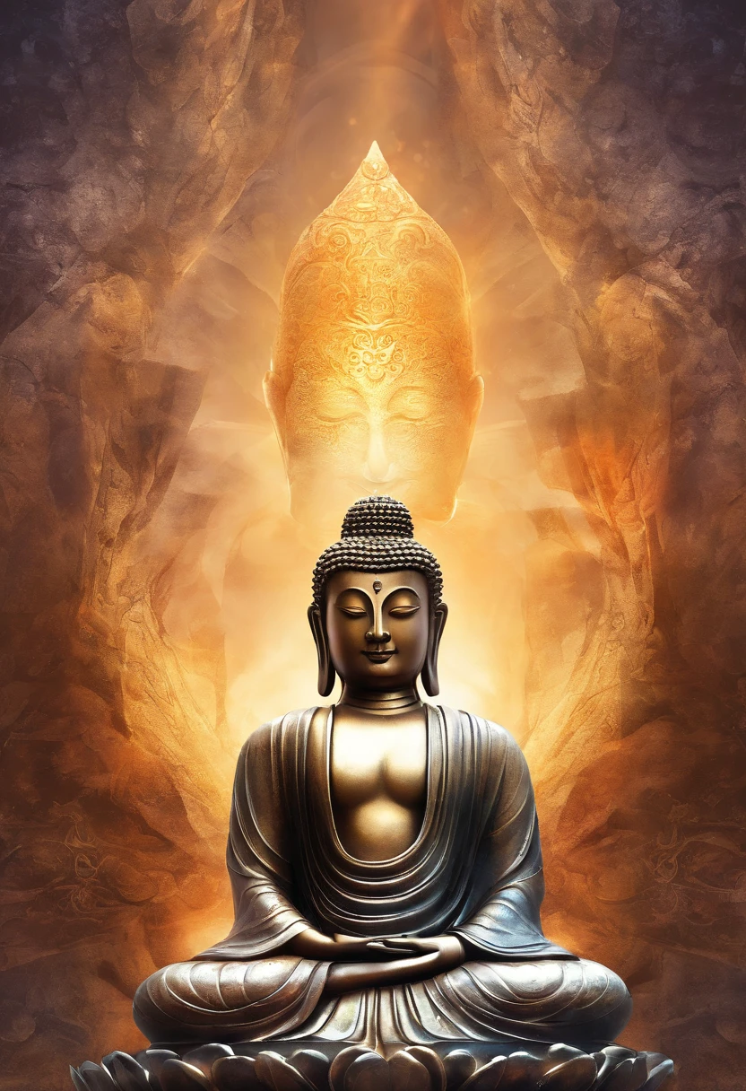 BUDDHA STATUE, stone, Texture, Tall, Majestic, The background is illuminated by sunlight，inverted image，Lateral face