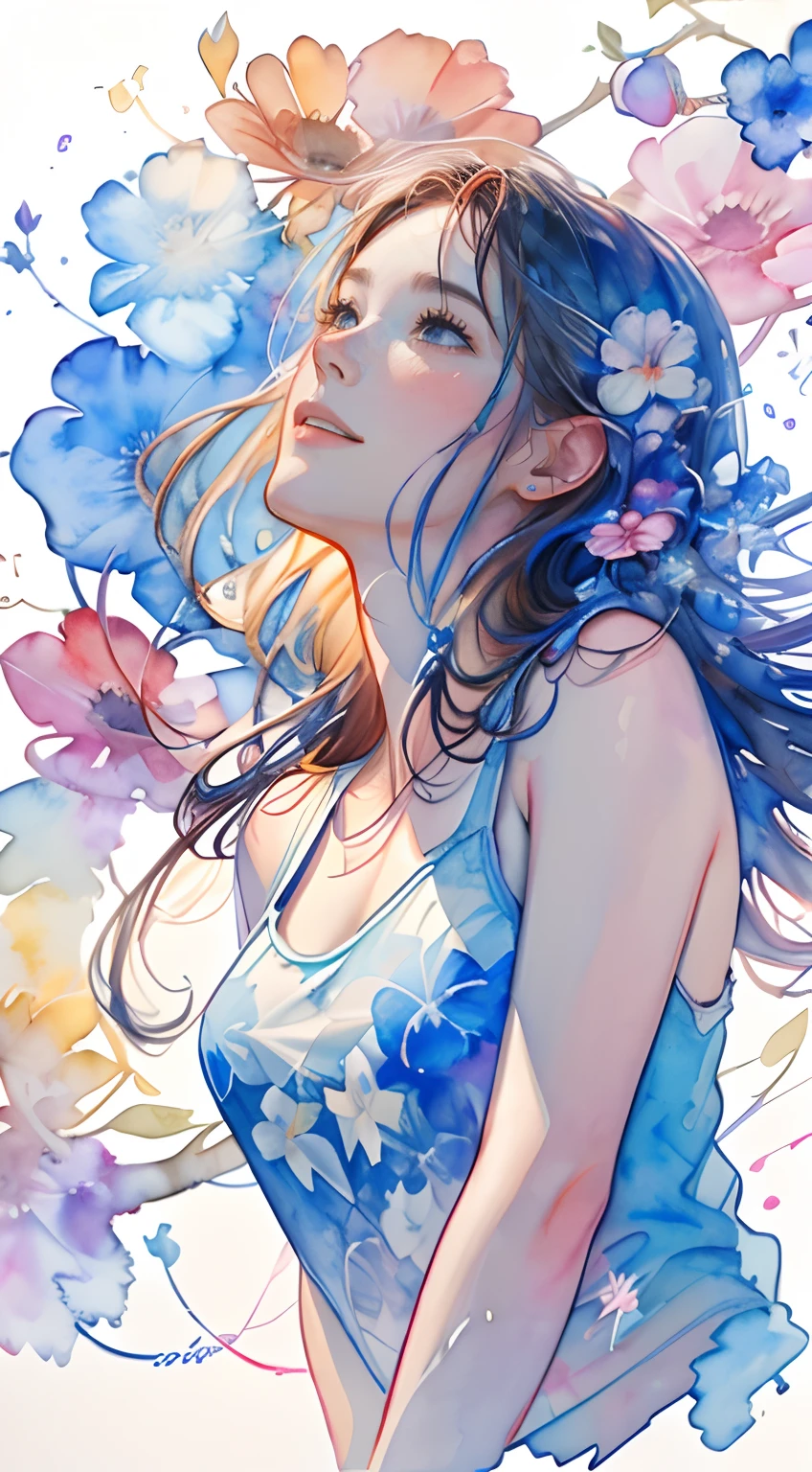 8K,​masterpiece,top-quality, From below , From below ,Dynamic Pose,30 years old 1 girl, Portrait, Floral, watercolor sketch, light, Long hair, Reaching out,ssmile, watercolor paiting \(Medium\),watercolor paiting,Tank Tops