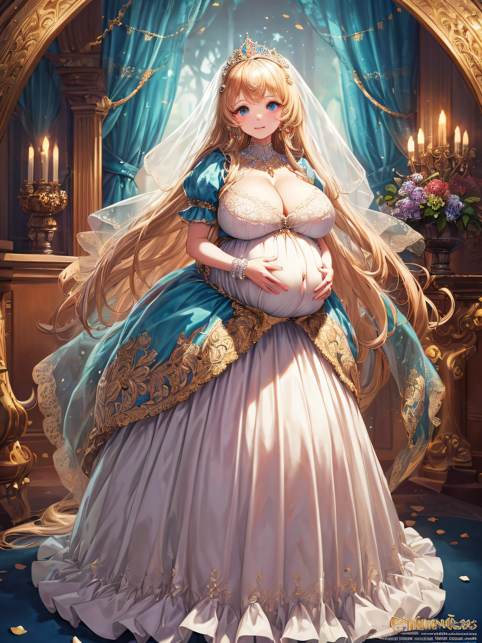 (masterpiece, best quality,extremely detailed:1.1),(moe anime art style:1.2),1girl,((full body,focus face)),((solo)), cute, kawaii,digital art,((1 bling-bling pregnant princess wearing beautiful embroidery and jeweled gorgeous princess rococo ballgown with voluminous full length hoop skirt)),((heavily pregnant)),very big pregnant belly,((crinoline)),long train,voluminous frills,(gorgeous embroidery and beautiful lace),((very gigantic boobs,skindentation)),cleavage,shiny hair,(((very long hair,large amount of straight hair))),((finely detailed face and eyes)),clear pupil,extremely gorgeousfull hair ornament,(bling-bling jeweled extremely gorgeousfull tiara),(bling-bling gorgeous gemstone jewelry),long veil,beautiful background,fantasy background,flowers,flower petals flowing,full body,((beautiful embroidery and jeweled ruffled gorgeous princess rococo ballgown with voluminous full length hoop skirt))