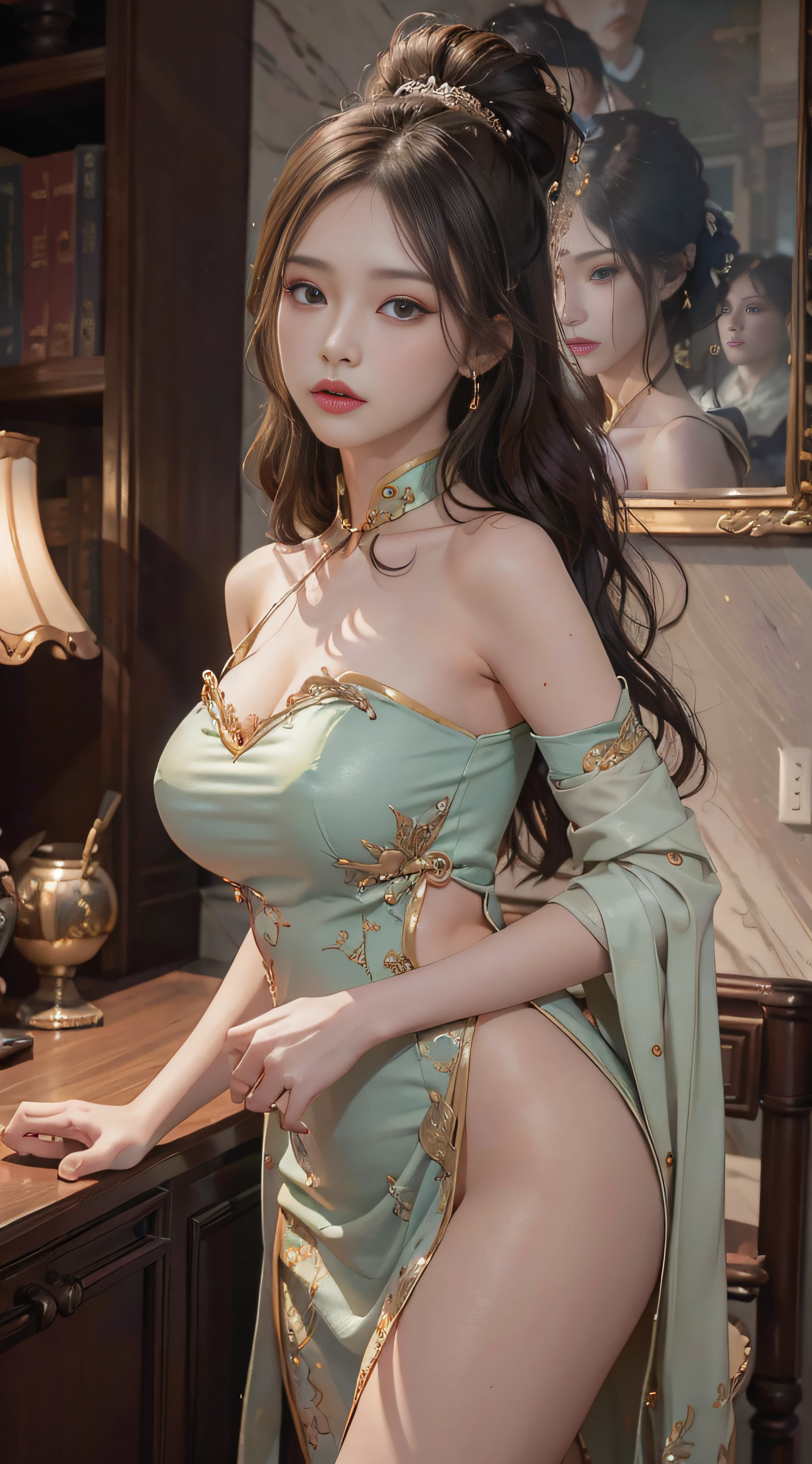 (From the outside) , many color,Best quality at best,8K,Real photos,Delicate skin details,tmasterpiece,photograph of-realistic,Complicated details,RAW photogr,Court,Gorgeous cheongsam,Extra-long hair,cropped shoulders,delicated face,Expose cleavage,decorations,Perfect Finger,Dissection is correct,(Huge room,0.8),shiny skins,arms on hips