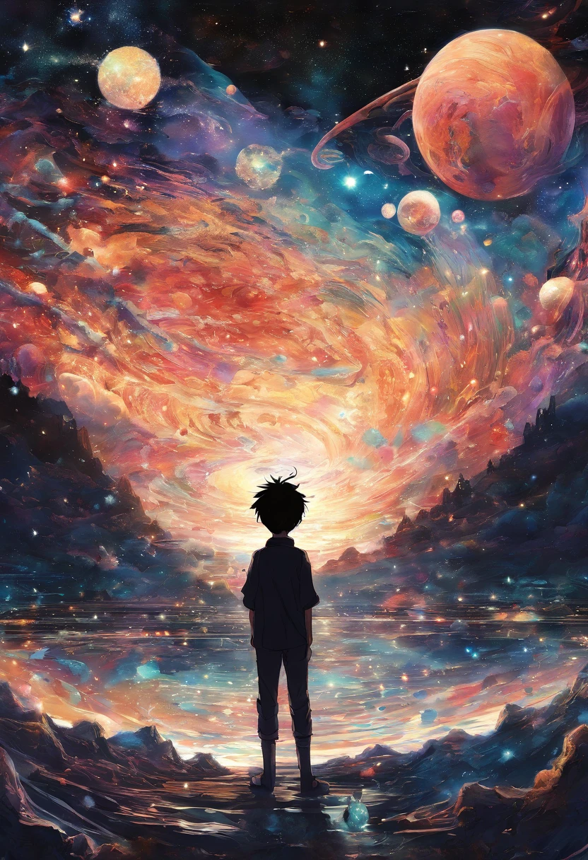 anime young boy standing in front of a Universe, inspired by Yamagata Hiro, inspired by Munakata Shikō, inspired by Okumura Masanobu, rin, inspired by Okumura Togyu, anime style”, shigenori soejima illustration,