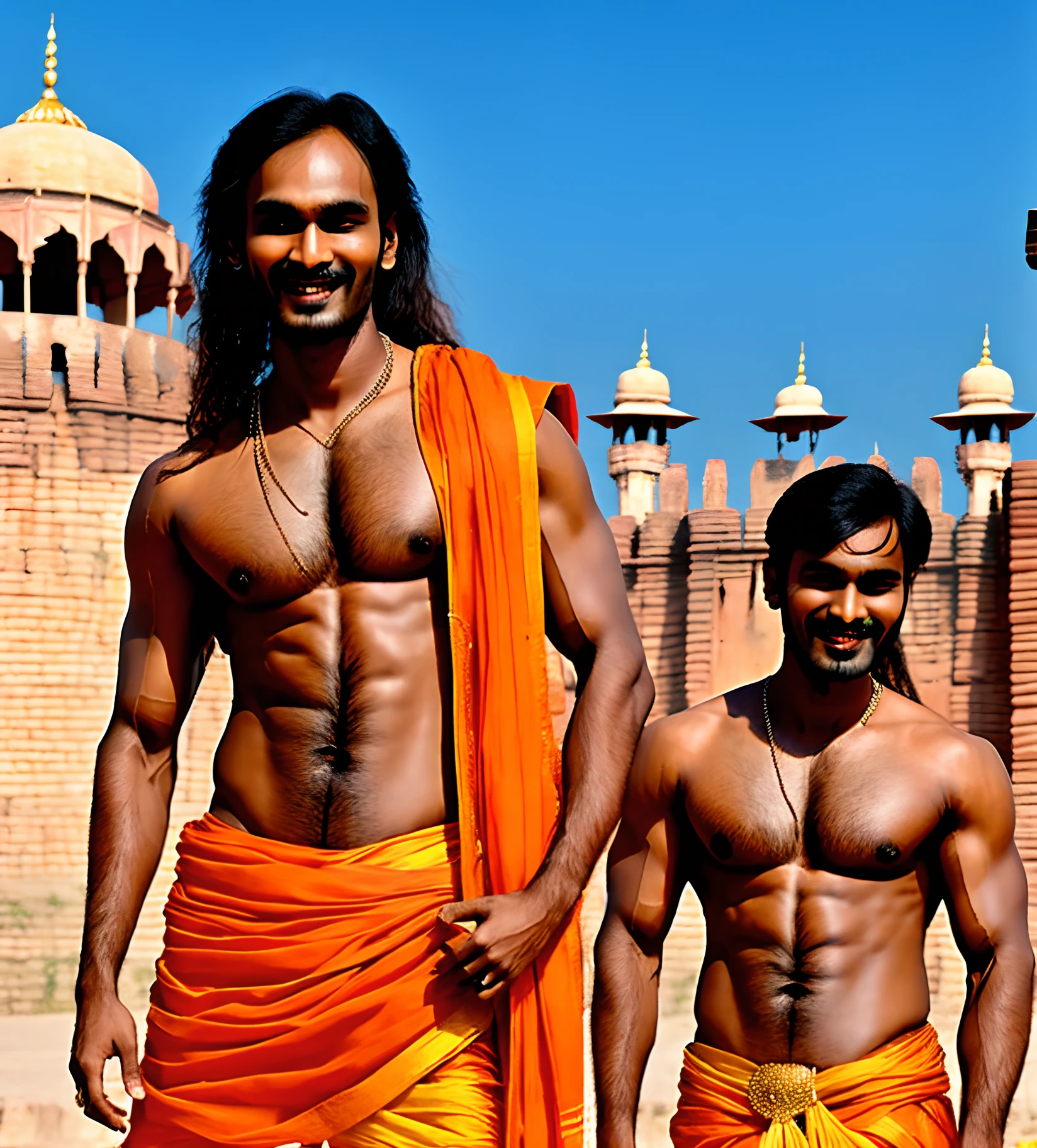 A young Indian actir dhanush clean shaved boy wearing orange dhoti, long hair, smile on face, having bow and arrow, very realistic and handsome, near the golden fort, muscular body, tilak on forehead, ,