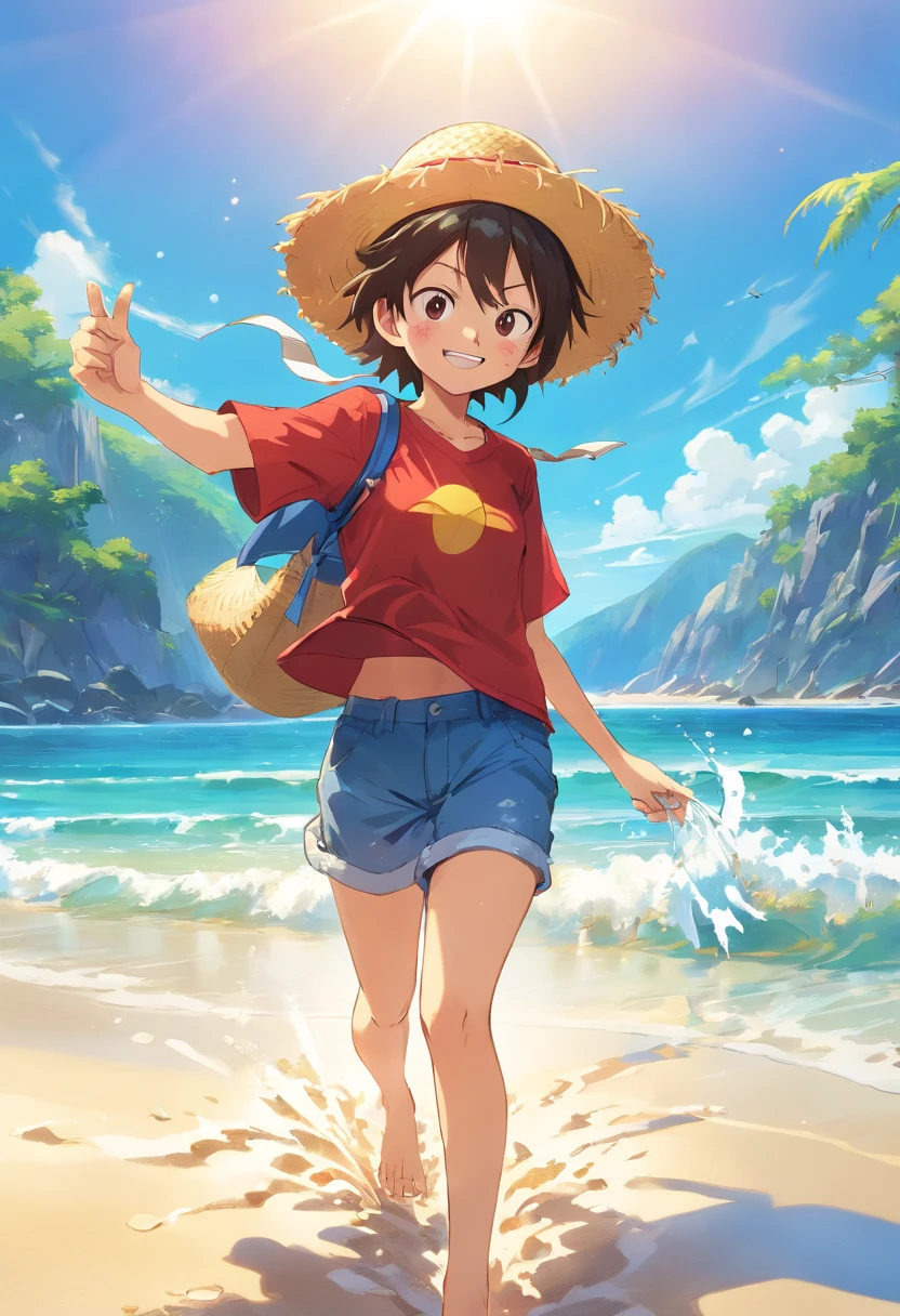 (beautiful beaches),(Clear blue sky),(Golden sand),(calm ocean),(Happy Luffy),(playing in water),(Straw hat),(Red T-shirt),(bright sun),(Dynamic camera angle),(Sparkling water),(Vibrant colors)