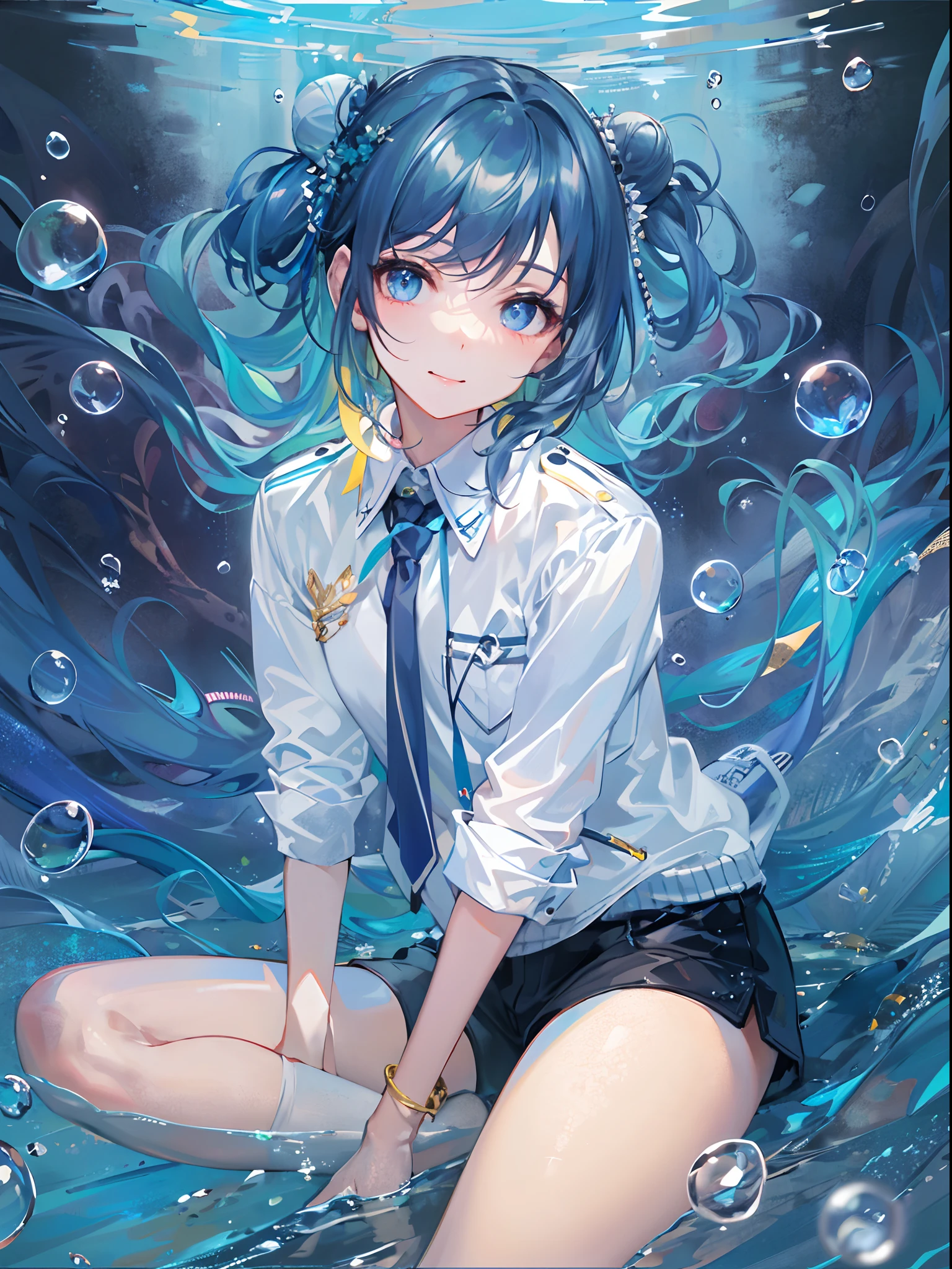 ((top-quality)), ((masterpiece)), ((ultra-detailliert)), (extremely delicate and beautiful), girl with, 独奏, cold attitude,((Black jacket)),She is very(relax)with the(Settled down)Looks,A dark-haired, depth of fields,evil smile,Bubble, under the water, Air bubble,bright light blue eyes,Inner color with light blue hair and dark blue tips,Cold background,Bob Hair - Linear Art, shortpants、knee high socks、White uniform like school uniform、Light blue ribbon ties、Clothes are sheer、Hands in pockets,bun, messy bun, side bun