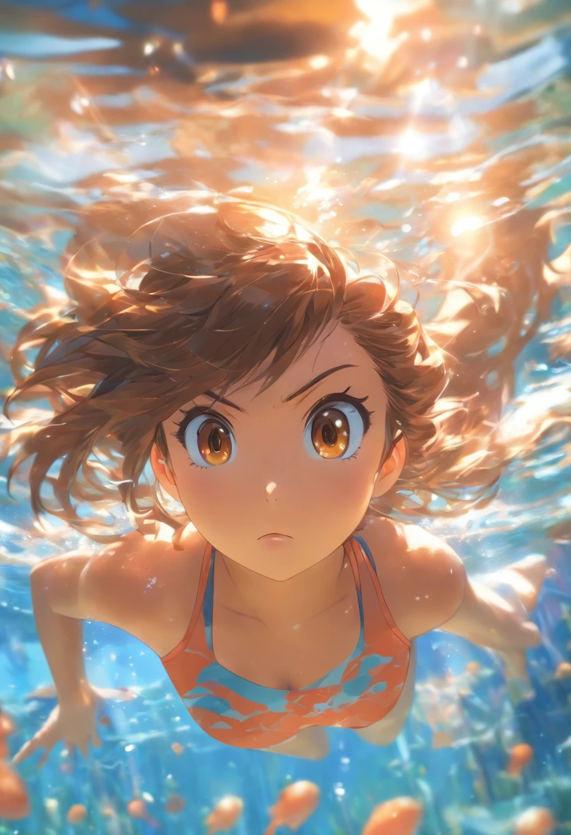 foreshortening, Depth of field, Masterpiece, Best quality, 1girll, Brown hair, Brown eyes, Long hair, Underwater, airbubble, Solo, view the viewer, School swim wear, Swimming, Dappled sunlight,