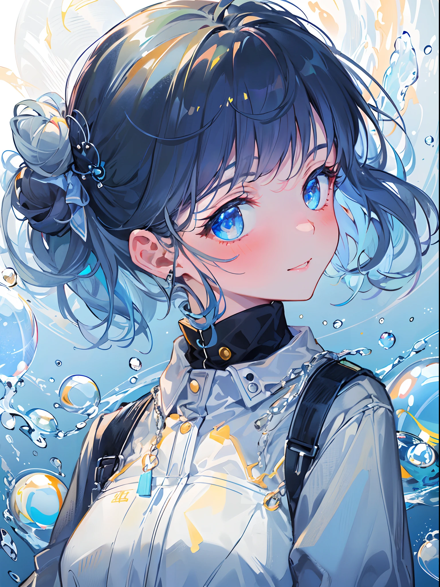((top-quality)), ((masterpiece)), ((ultra-detailliert)), (extremely delicate and beautiful), girl with, 独奏, cold attitude,((Black jacket)),She is very(relax)with the(Settled down)Looks,A dark-haired, depth of fields,evil smile,Bubble, under the water, Air bubble,bright light blue eyes,Inner color with light blue hair and dark blue tips,Cold background,Bob Hair - Linear Art, shortpants、knee high socks、White uniform like school uniform、Light blue ribbon ties、Clothes are sheer、Hands in pockets,bun, messy bun, side bun