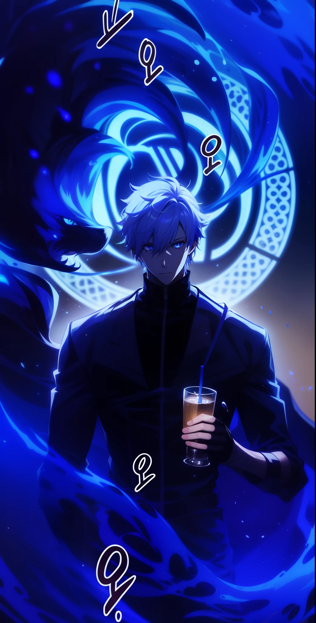 a male anime character with glowing eyes holding a drink with a swirling background, 1boy, male focus, solo, gojou satoru, looking at viewer, white hair, blue eyes, short hair