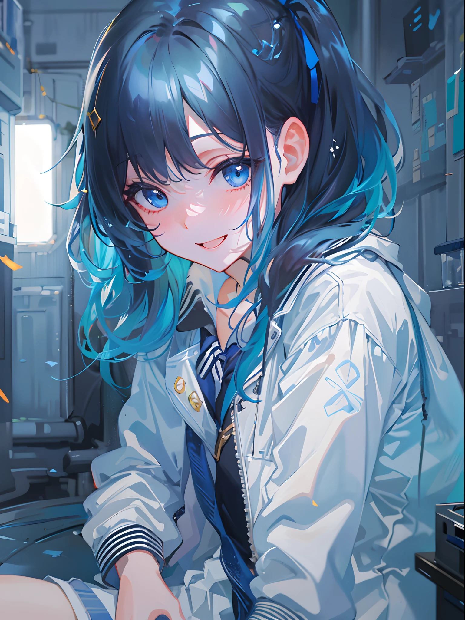 ((top-quality)), ((masterpiece)), ((ultra-detailliert)), (extremely delicate and beautiful), girl with, 独奏, cold attitude,((Black jacket)),She is very(relax)with the(Settled down)Looks,A dark-haired, depth of fields,evil smile,Bubble, under the water, Air bubble,bright light blue eyes,Inner color with light blue hair and dark blue tips,Cold background,Bob Hair - Linear Art, shortpants、knee high socks、White uniform like school uniform、Light blue ribbon ties、Clothes are sheer、Hands in pockets