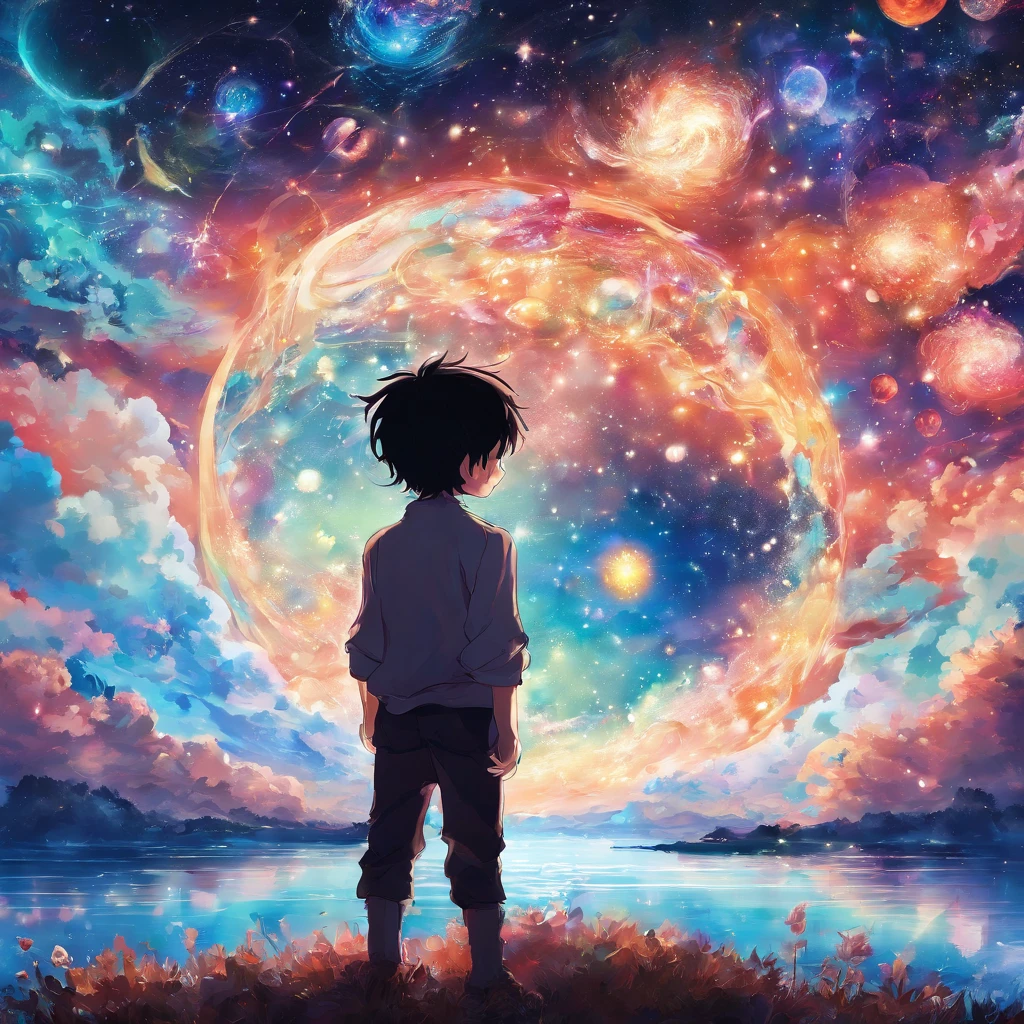 anime young boy standing in front of a Universe, inspired by Yamagata Hiro, inspired by Munakata Shikō, inspired by Okumura Masanobu, rin, inspired by Okumura Togyu, anime style”, shigenori soejima illustration,