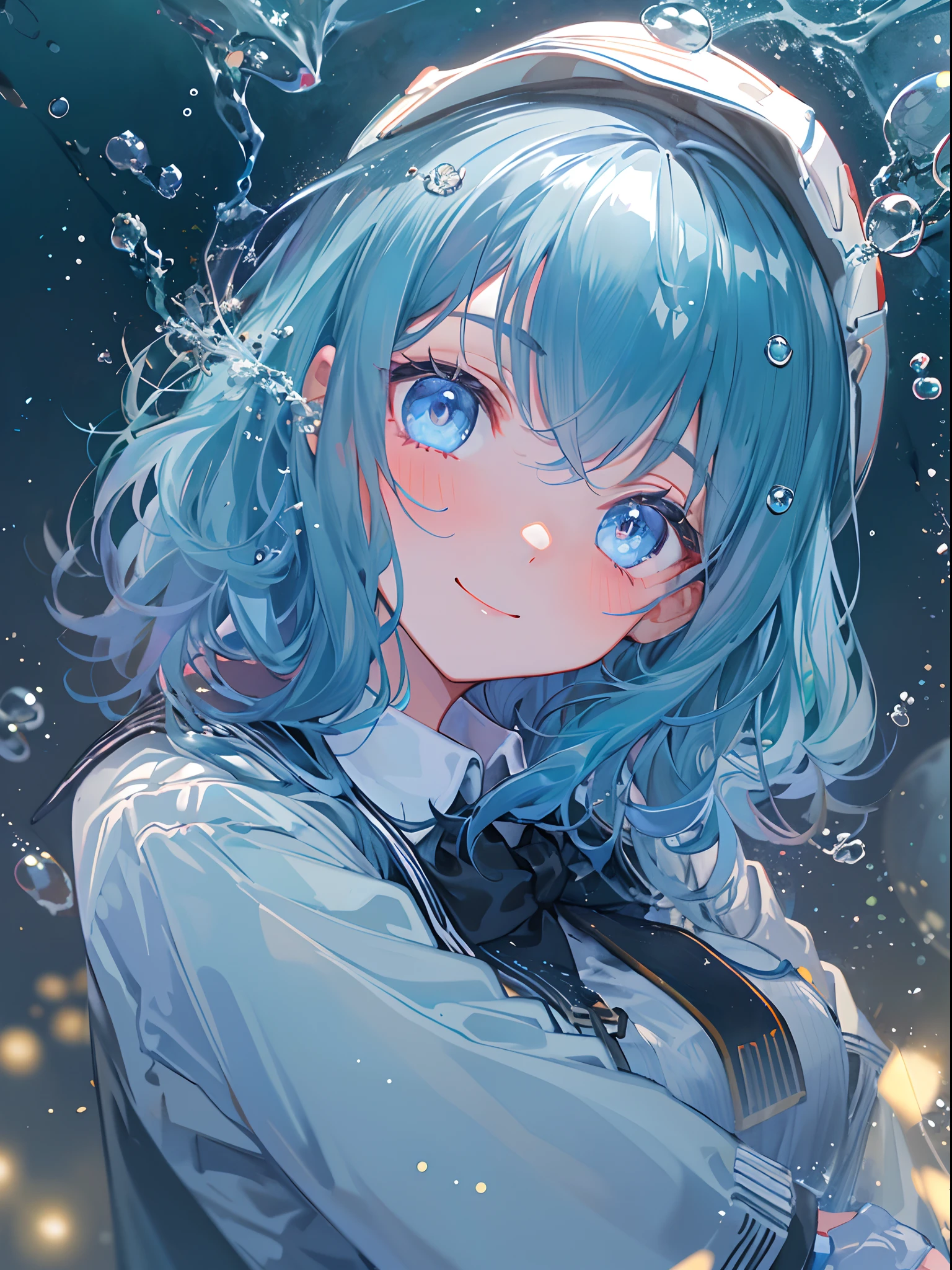 ((top-quality)), ((masterpiece)), ((ultra-detailliert)), (Extremely delicate and beautiful), girl with, 独奏, cold attitude,((Black jacket)),She is very(relax)with the(Settled down)Looks,A dark-haired, depth of fields,Evil smile,Bubble, under the water, Air bubble,bright light blue eyes,inner color with bright gray hair and light blue tips,,,,,,,,,,,Cold background,Bob Hair - Linear Art, shortpants、knee high socks、White uniform like school uniform、Light blue ribbon ties、Clothes are sheer、Hands in pockets、Bright eyes like sapphire,Fronllesse Blue, A small blue light was floating、fantastic eyes,Jumping figure、splash water