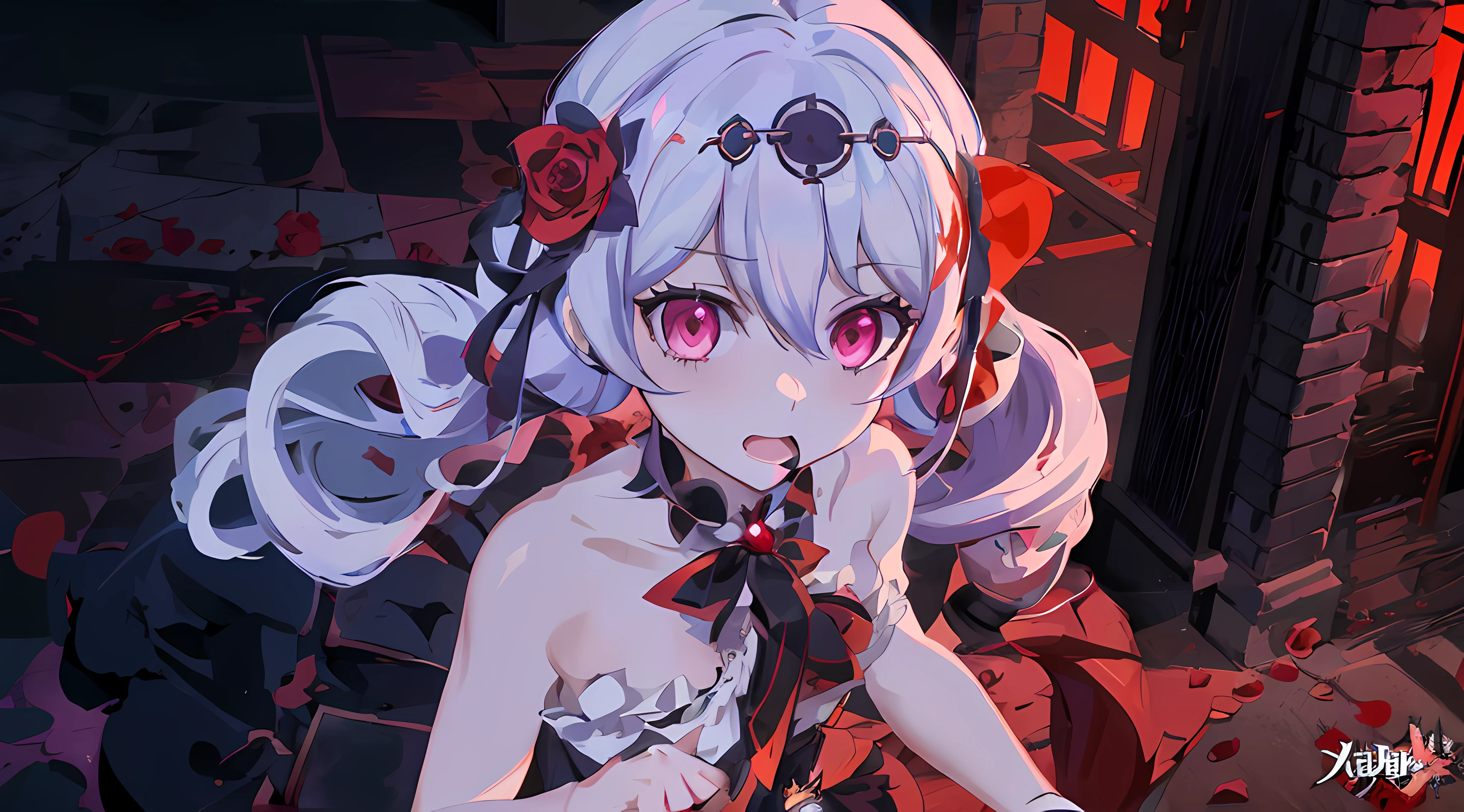 Anime girl with long hair and rose hair in a dark room, Cuschart krenz key art ladies, Rapid bleeding, yandere intricate, Best Anime 4K Konachan Wallpaper, from the azur lane videogame, shalltear from overlord, sh, Digital art from Danganronpa, zerochan art, loli