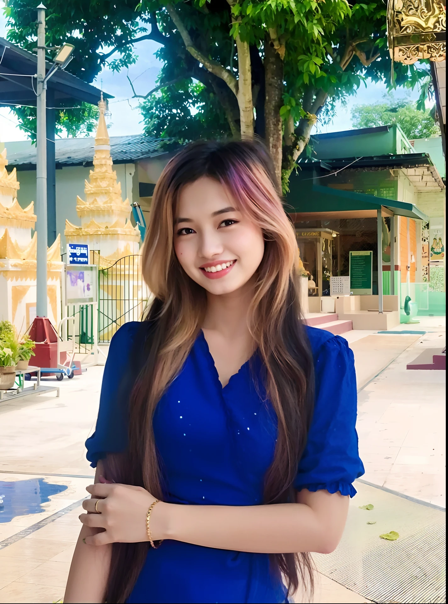 arafed woman in blue dress standing in front of a building, nivanh chanthara, anime thai girl, a young asian woman, young asian girl, thawan duchanee, young asian woman, pokimane, asian girl with long hair, beautiful image, south east asian with round face, lalisa manobal, ruan cute vtuber