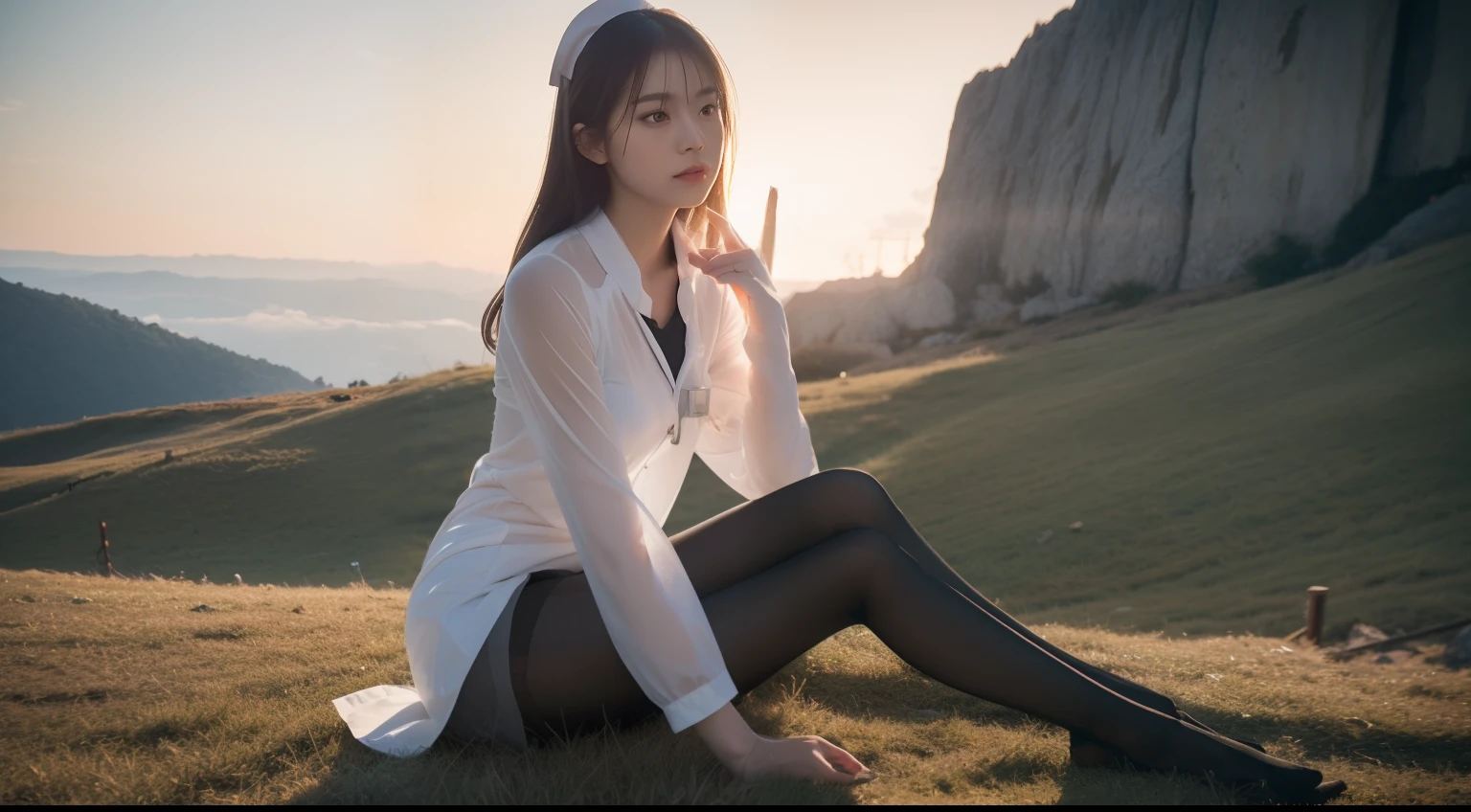 (Full body:1.5),(1girl in:1.3),(view the viewer:1.4),(anatomy correct:1.4),(Sitting at the top of a mountain:1.2),(Wearing a nurse set:1.2),(Opaque pantyhose:1.3),( The girl pointed out the thick heel :1.1),(Accurate and perfect face:1.3),(Long legs:1.3),hyper HD, Ray traching, reflective light, Structurally correct, awardwinning, high detailing, Lighten the shade contrast, Face lighting ,Cinematic lighting, masutepiece, super detailing, High quality, high detailing, Best Quality, High contrast,